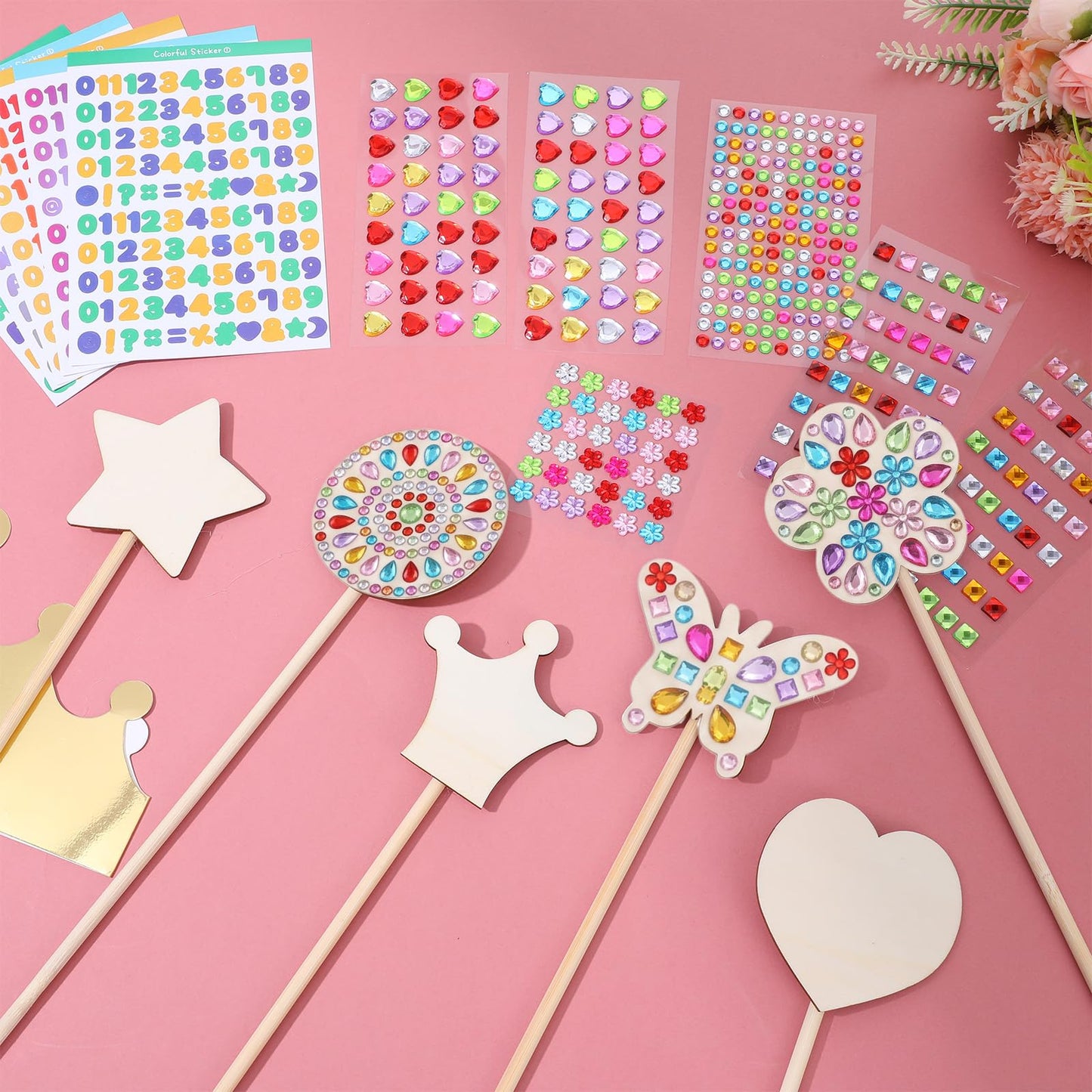 52pcs Princess Fairy Wands Kit,Make Your Own Princess Wand Include 18 Pieces 6 Styles Unfinished Wooden Princess Wand,Gold Paper Crowns, Gem Stickers, Letter and Number Stickers, Princess Art Magical