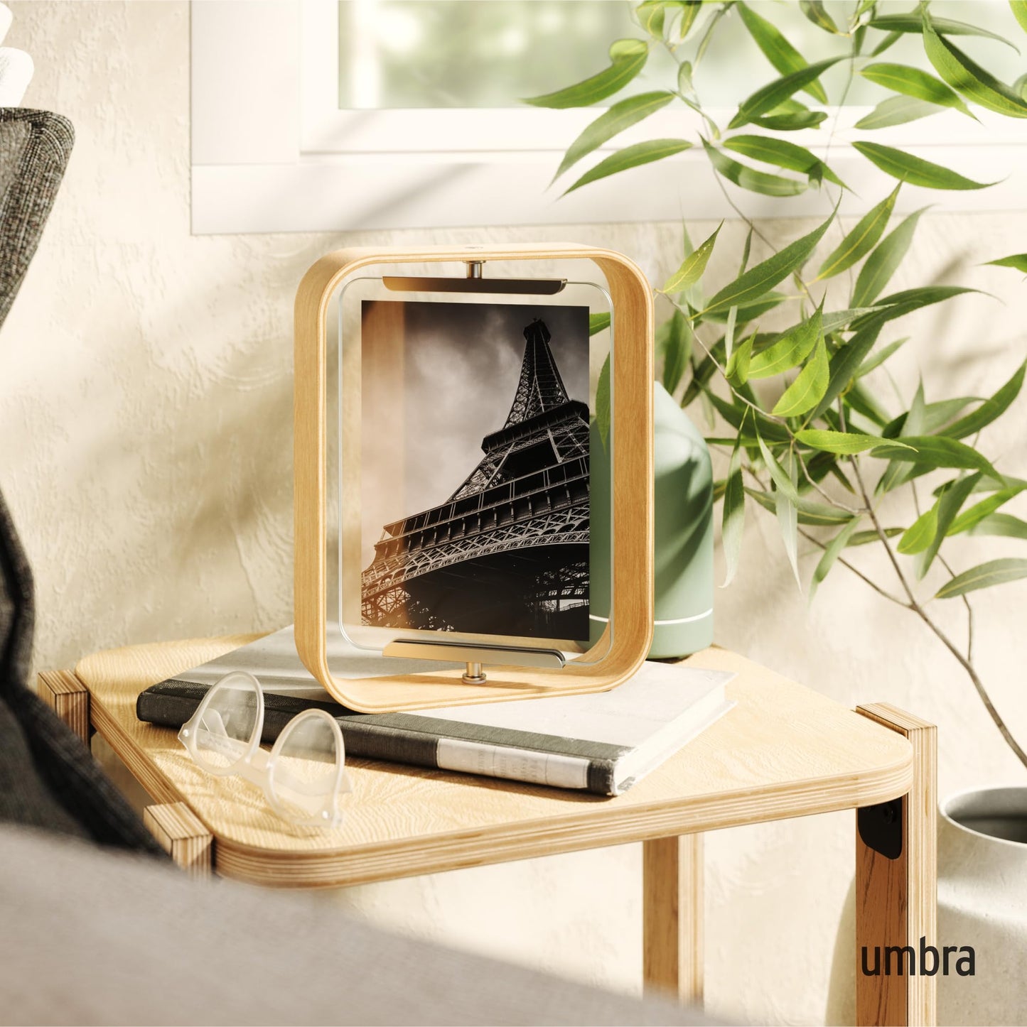 Umbra Bellwood 5x7 Desk Picture Frame with Bent Wood Trim and Two-Sided Rotating Display, Natural