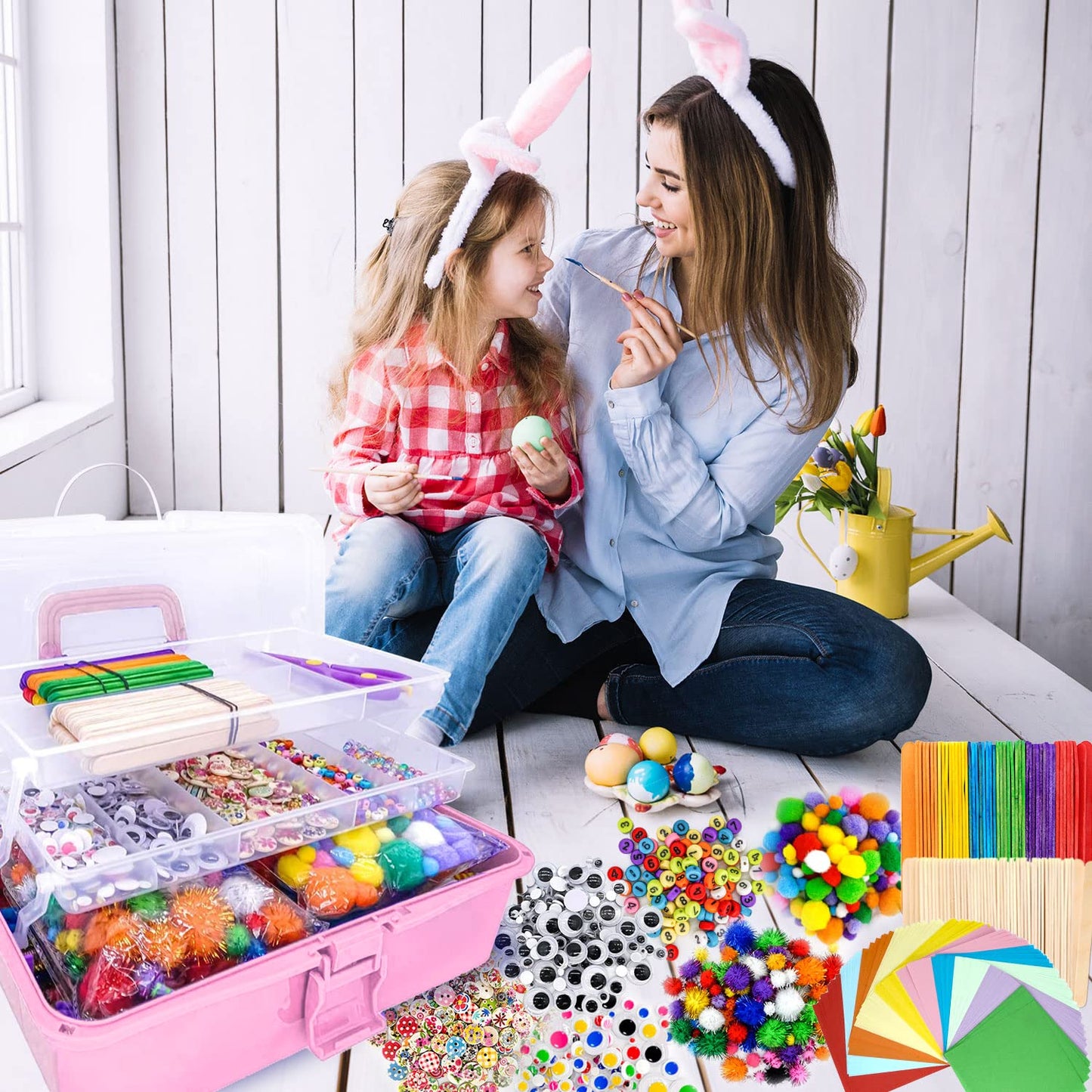 1405 Pcs Art and Craft Supplies for Kids, Toddler DIY Craft Art Supply Set Included Pipe Cleaners, Pom Poms, Feather, Folding Storage Box - All in One for Craft DIY Art Supplies（Pink）