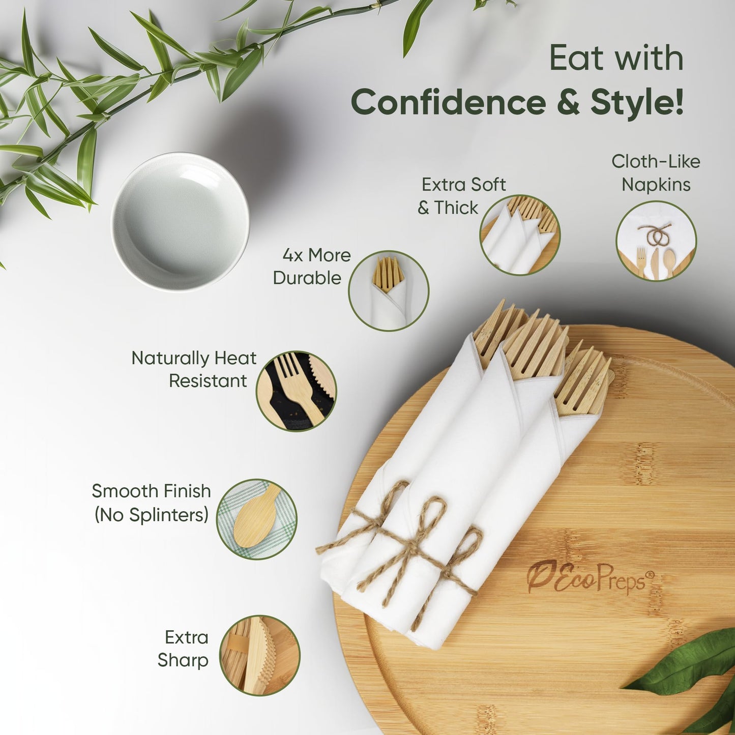 EcoPreps Premium Pre-Rolled Napkin and Bamboo Cutlery Set (50 Pack, 200 PCS) 100% Biodegradable, Eco-Friendly, Disposable Wrapped Cutlery - Includes Pre-Wrapped Bamboo Forks, Knives, Spoons, & Napkins