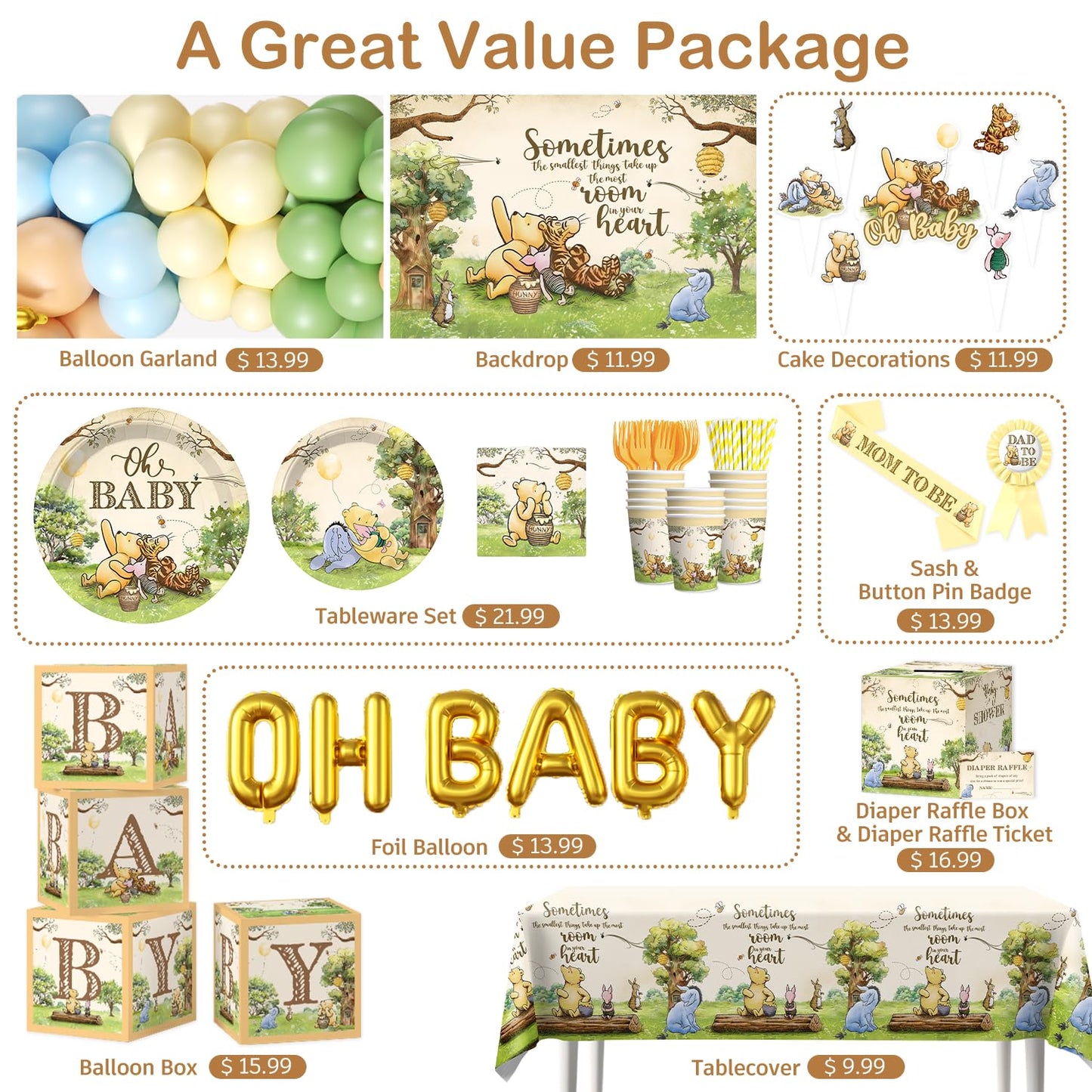 336pcs Classic Bear Baby Shower Decorations, Neutral All-in-one Complete Party Set with 25pcs Plates, 2 Tablecloths, Backdrop Cake Cupcake Topper for Bear Party Decor, 25 Guests