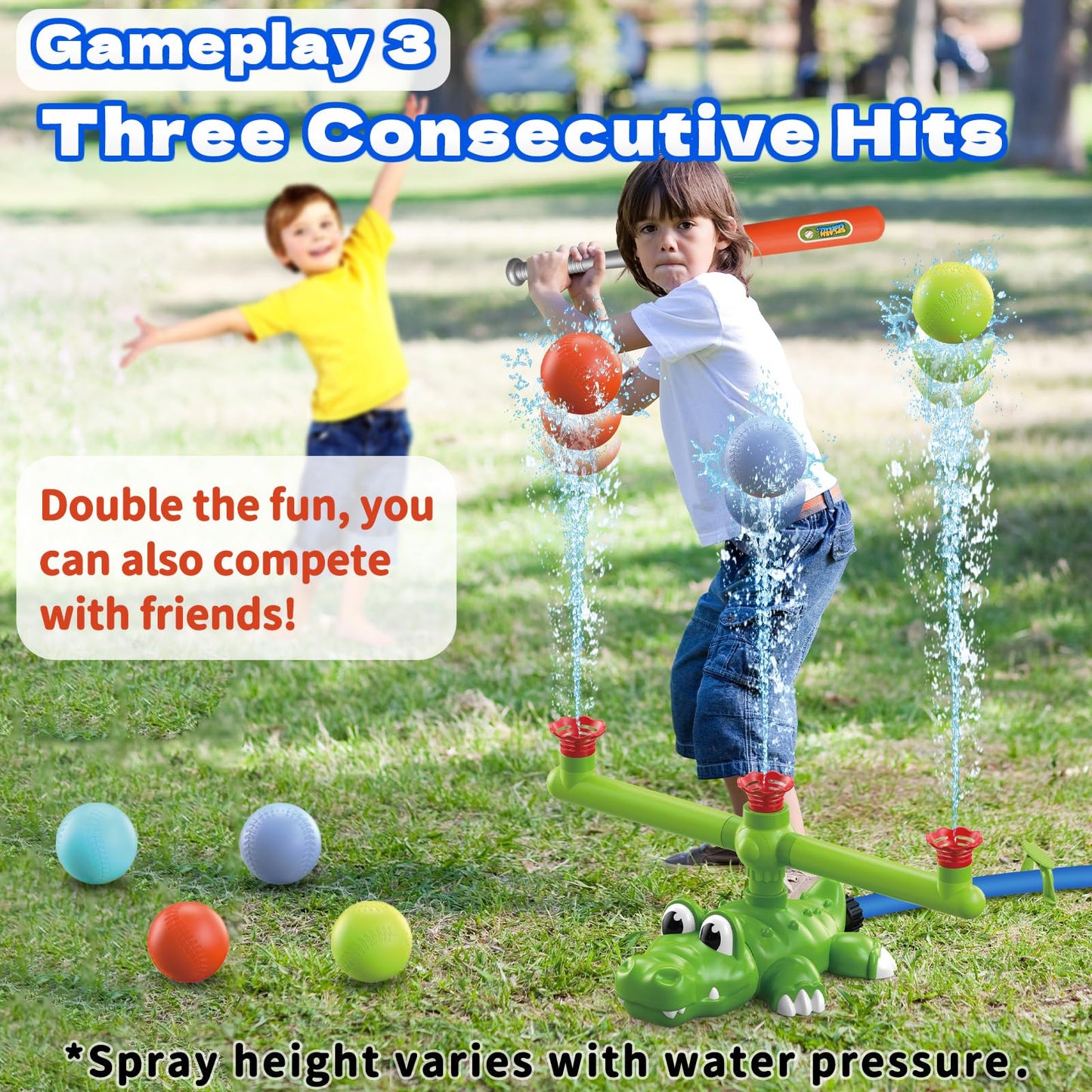 Intoypad 4-in-1 Kids Sprinkler Baseball & Water Ball Toy, Sprinkler with 3 Jets, 4 Baseballs & 6 Reusable Water Balls, Outdoor Summer Toys for Boys Girls Outside Yard Water Game Toys for Kids Ages 3-8