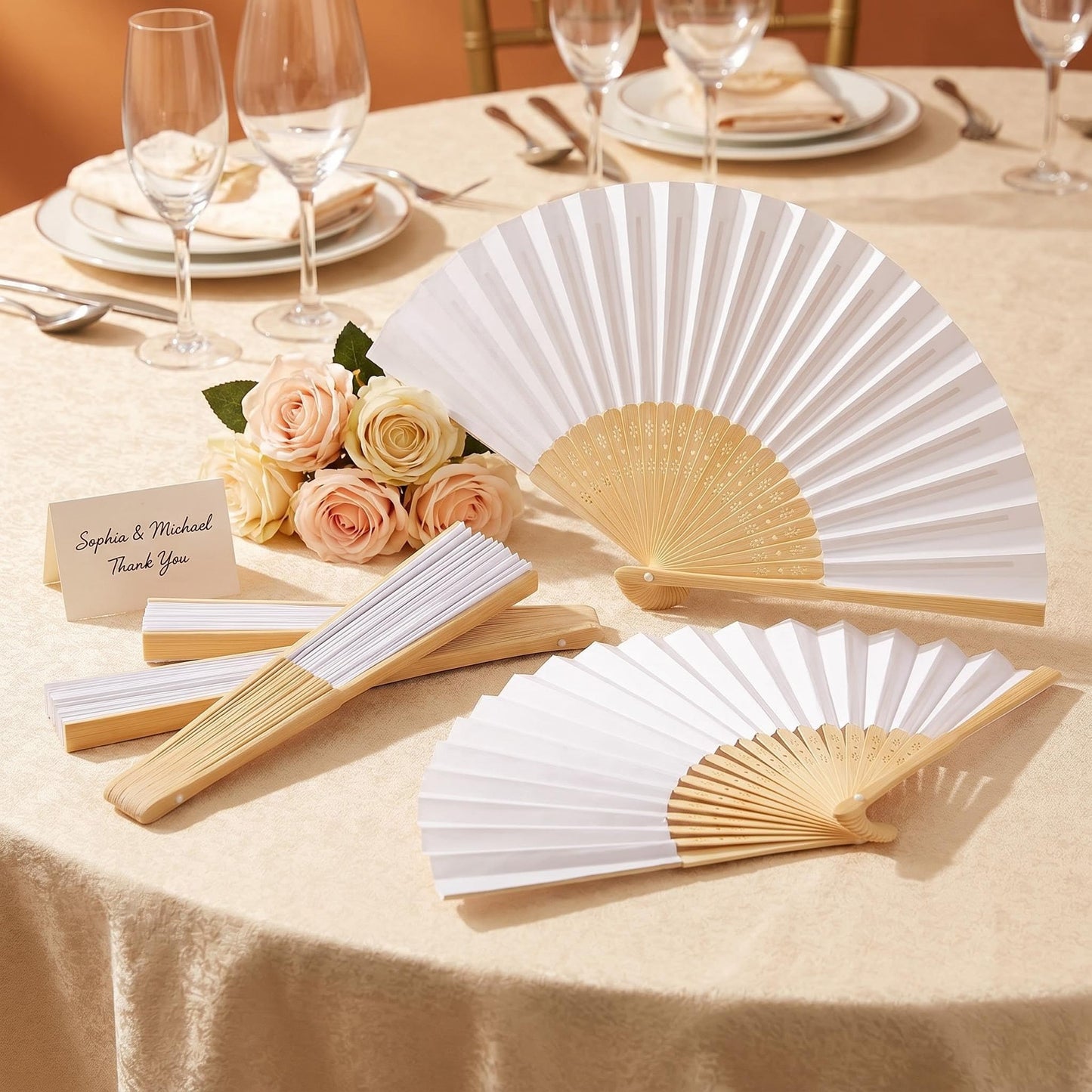 ffscafscn Paper Hand Fans, 8.3 Inch Foldable Handheld Fans for Wedding Favors, Party Decorations, Bridal Shower, Baby Shower, Summer Cooling, (White 50pcs)