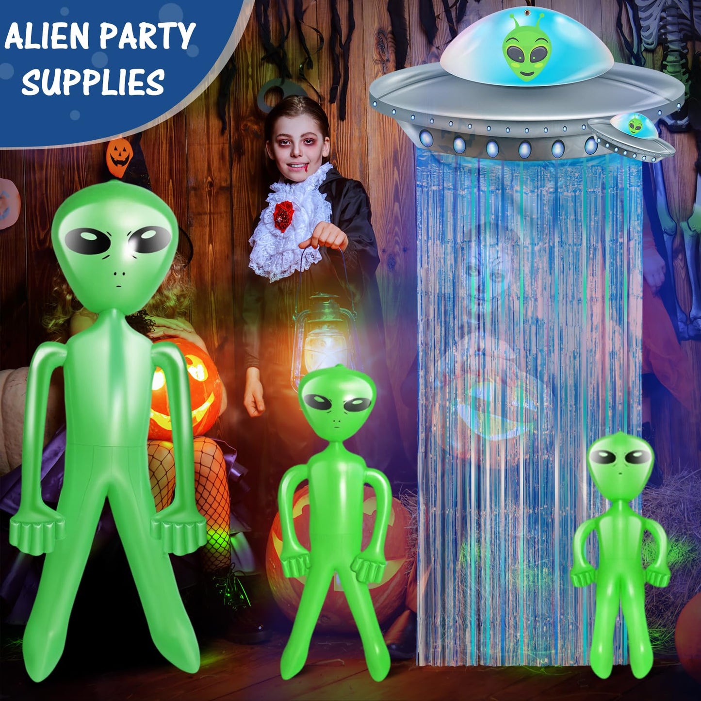 Simgoing 6 Pcs Alien Birthday Party Decorations Set Alien Door Curtains with Tinsel Foil Fringe Curtain and Inflatable Aliens UFO Spacecraft Party Flying Saucer Spaceship Hanging Banner for Halloween