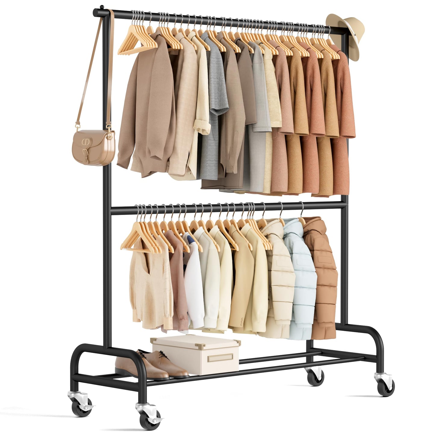 MISSLO Heavy Duty Clothes Rack for Hanging Clothes Rolling Clothing Rack Heavy Duty on Wheels for Coat, Garment, Matte Black (Double Rod)