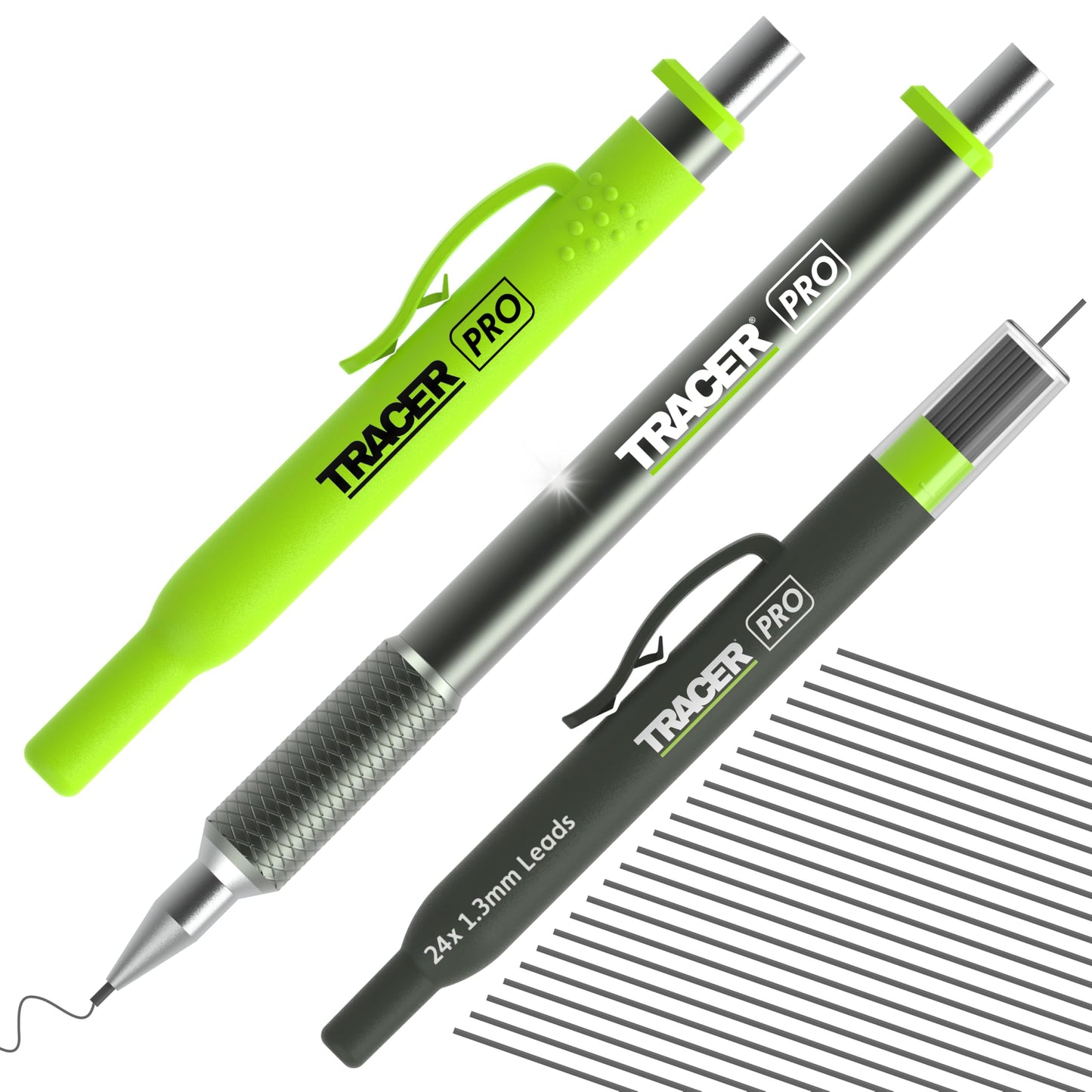 Tracer Pro Series Precision Pencil with 24 x Replacement 1.3mm Leads and Site Holsters - All-in-one Aluminium Precision Marking Kit APPK1-PRO