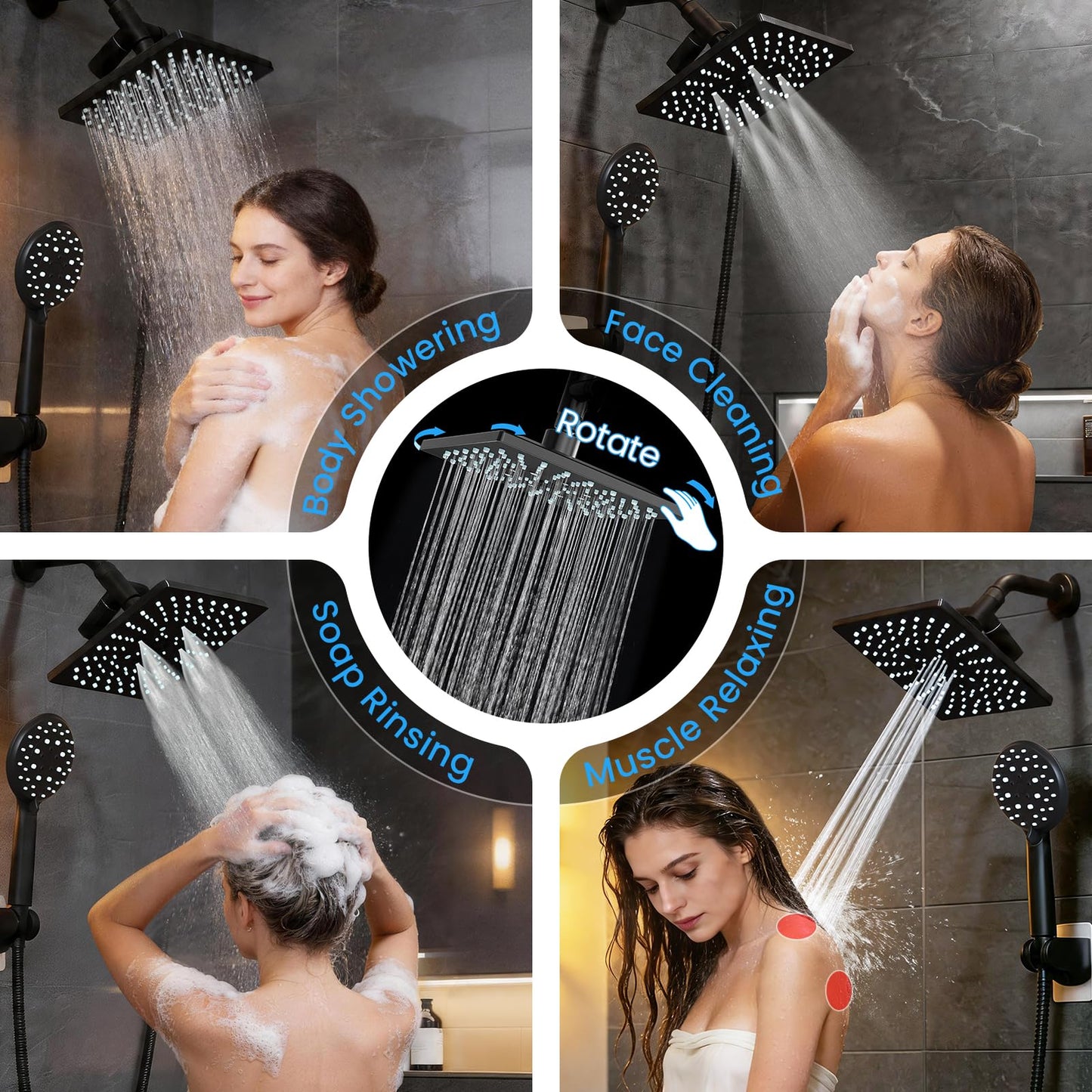Veken High Pressure Rain Shower Head with Handheld, Multi-Functions Square Rainfall Shower Heads with 5-Mode Handheld Spray Combo, Detachable Hand Held Showerhead, Dual Matte Black Regaderas Para