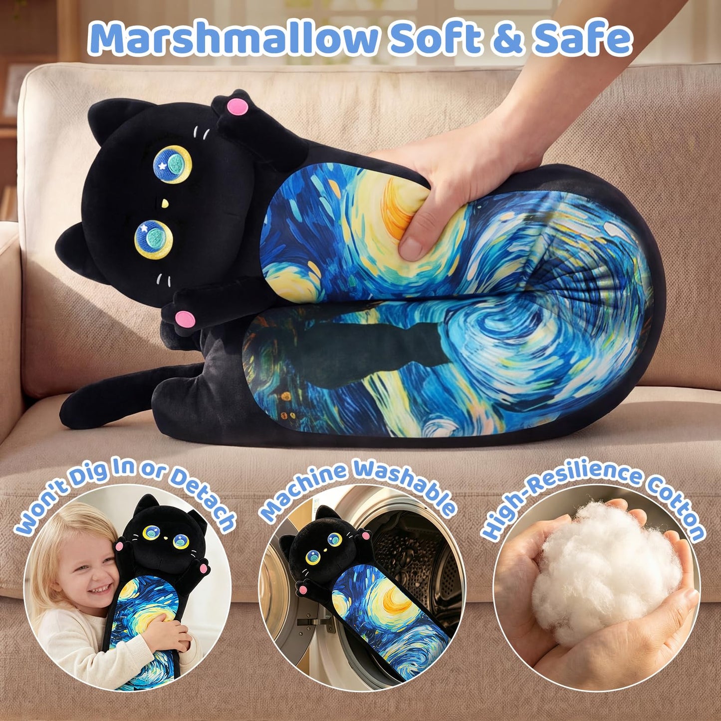 Mewaii Long Cat Plush Body Pillow, Cute Cat Plush Animals Kawaii Soft Plushies, Kitten Plush Pillow Gift for Girls Boys (Blue Starry Cat 53 Inch)