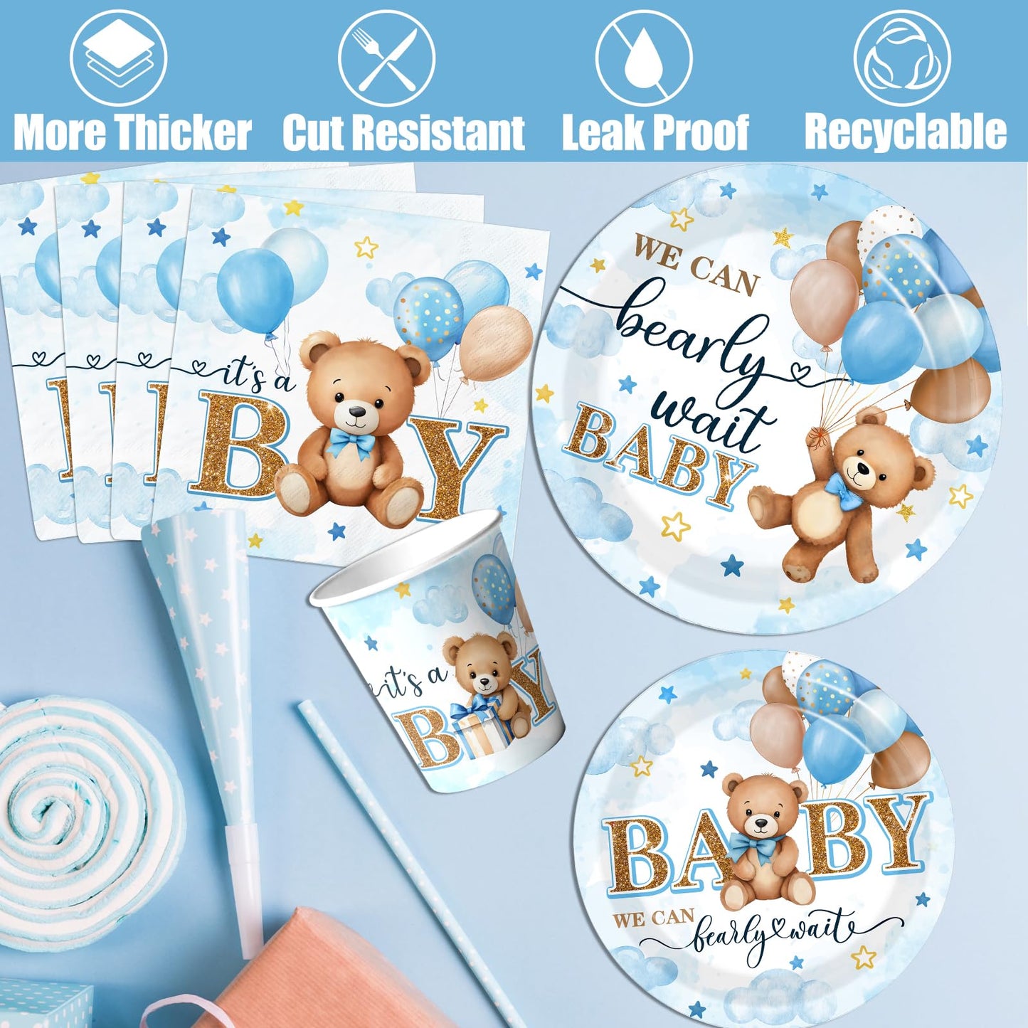 Blue Bear Baby Shower Decorations for Boy, All-in-1 Bear Party Decorations with Balloon Arch Kit Wood Grain Baby Boxes Plates Napkins Cake Toppers Tablecloth Backdrop Blue and Brown Baby Shower Decor