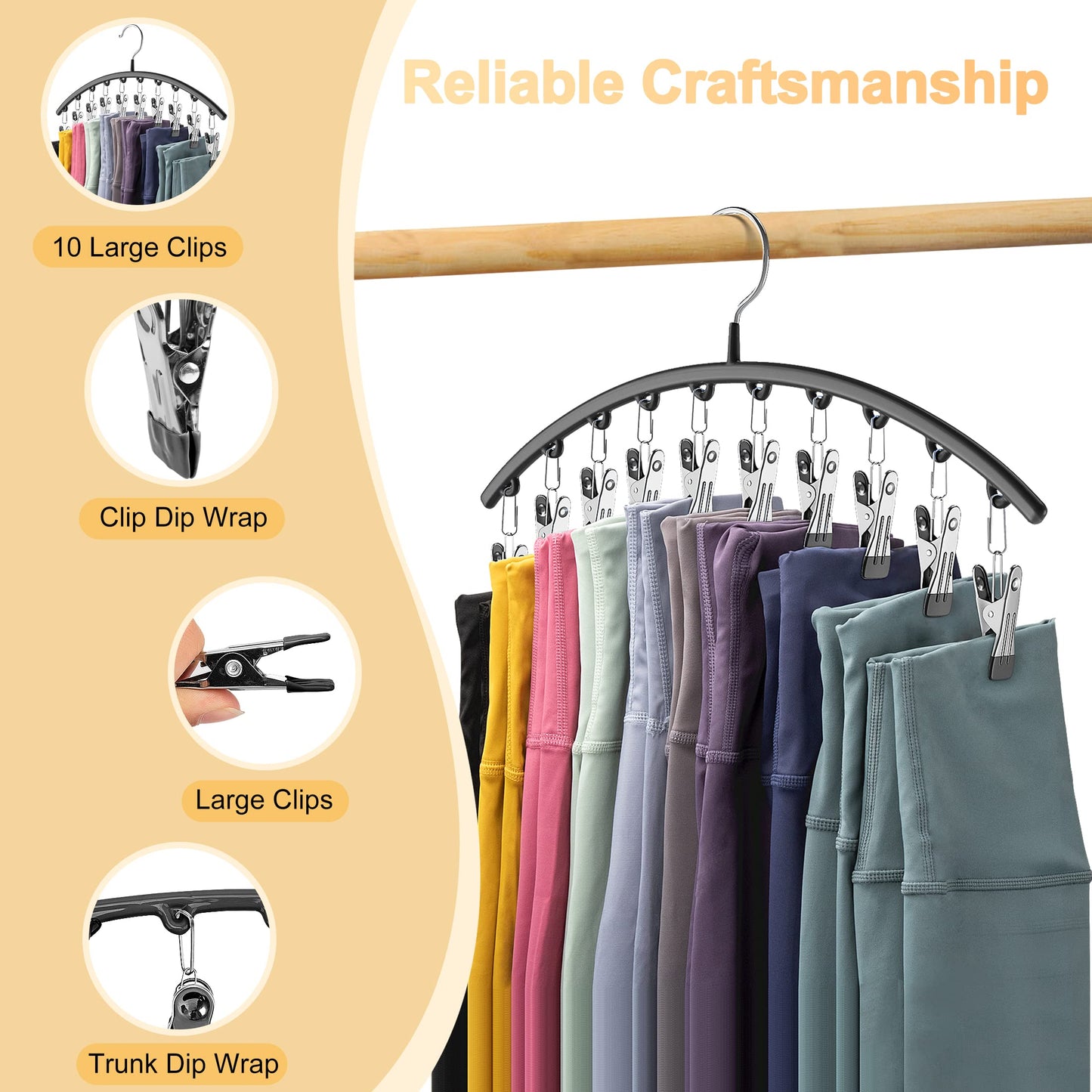Legging Organizer for Closet, Metal Yoga Pants Hangers 4 Pack w/10 Clips Holds 40 Leggings, Space Saving Hanging Closet Organizer w/Rubber Coated Closet Organizers and Storage, Black