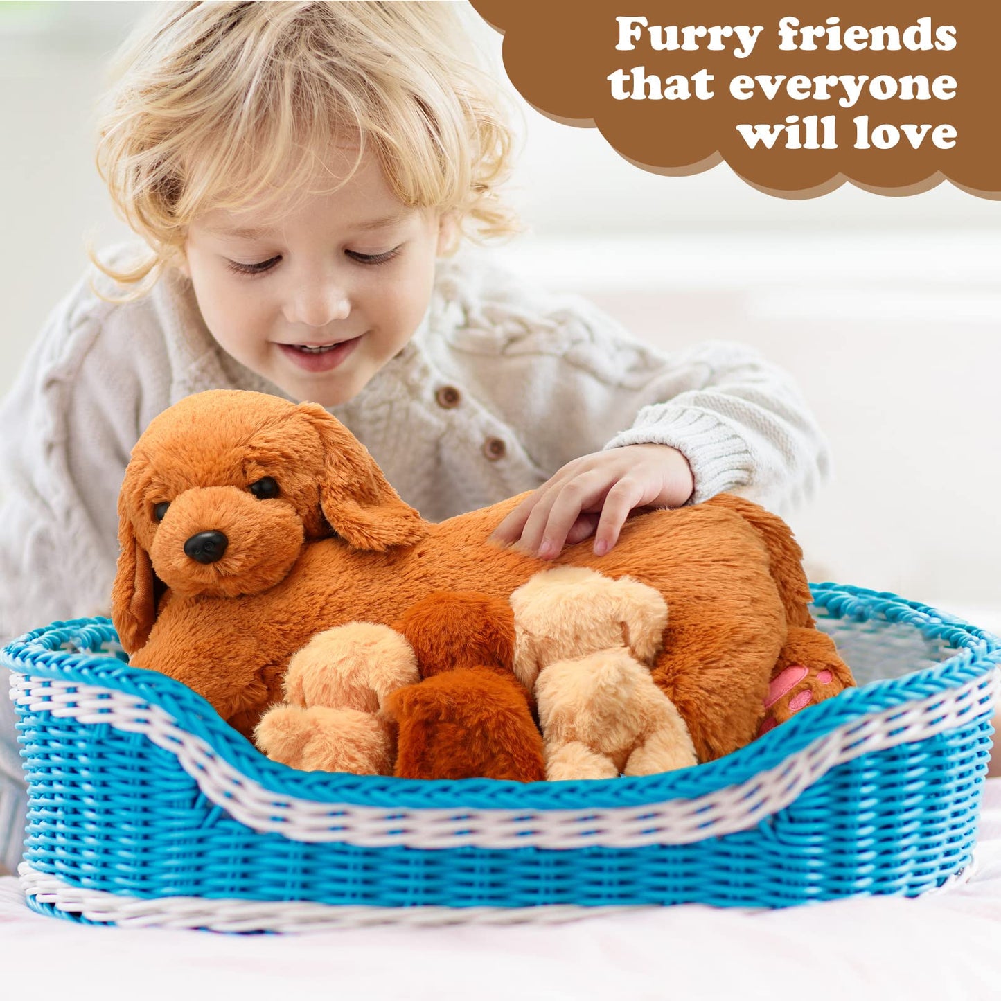 Nurturing Dog Stuffed Animal with Puppies, Soft Cuddly Golden Retriever Plush Toys for Girls Boys Plushy Nursing Mommy Dog with 4 Stuffed Baby Puppies for Birthday Party Favor Gifts (Golden Retriever)