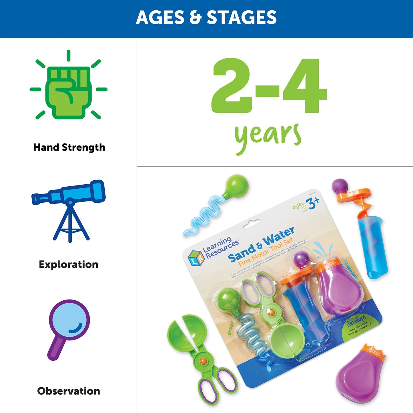 Learning Resources Sand & Water Fine Motor Set, Construction Toy, 4 Pieces, Ages 3+ (LER5559)