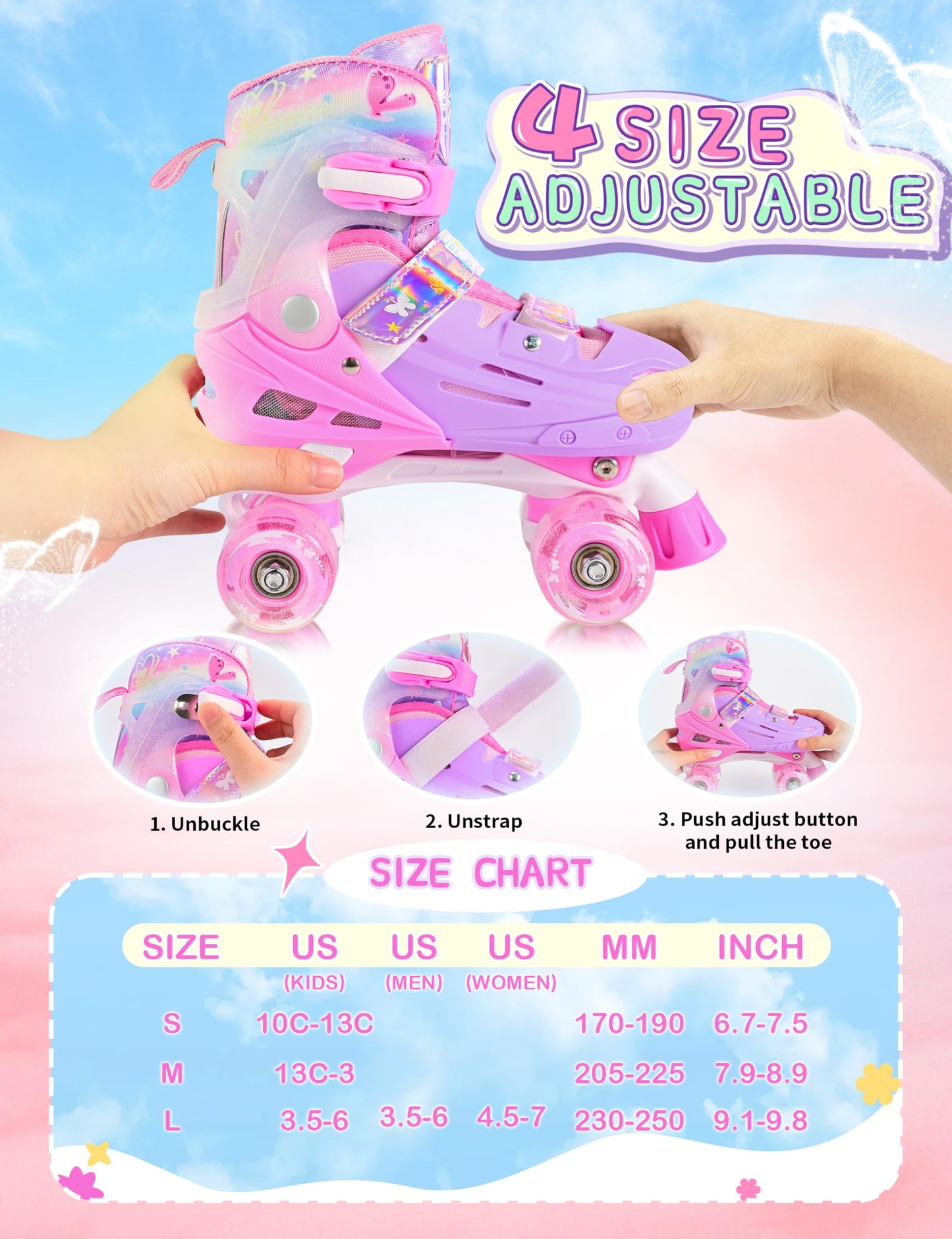 2PM SPORTS Roller Skates Girls Ages 5-8 8-12 3-5 4-7 6-12 with Light Up Wheels, Outdoor Indoor Girls Rollerskates for Kids Beginner Size 10C 11C 12C 13C 1 2 3 4 5 6 Pink Butterfly