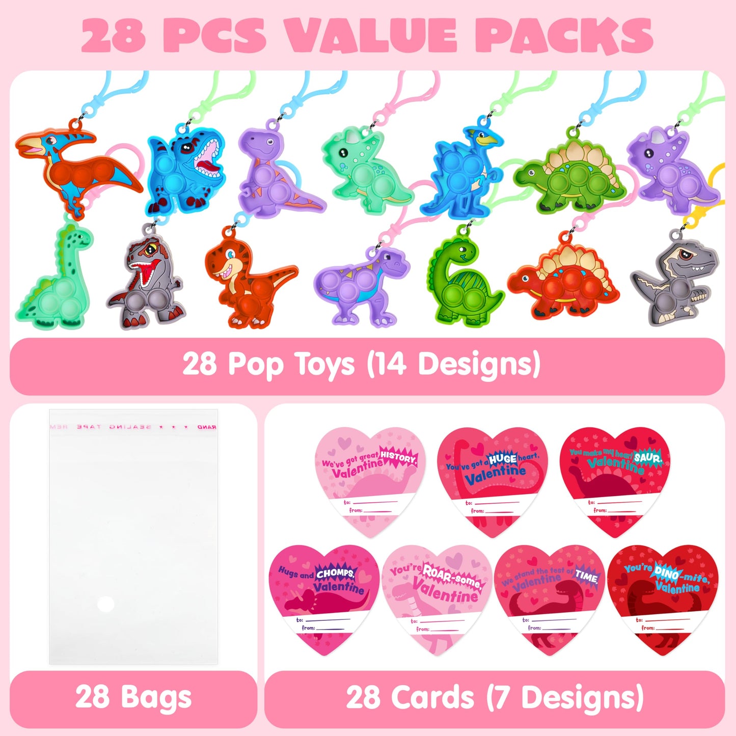 JOYIN 28 Packs Valentine's Day Gift Cards with Pop Keychain Toys, Dinosaur Stress Anxiety Relief Toys with Cards for Kids Valentine's Classroom Exchange Prizes Party Favors