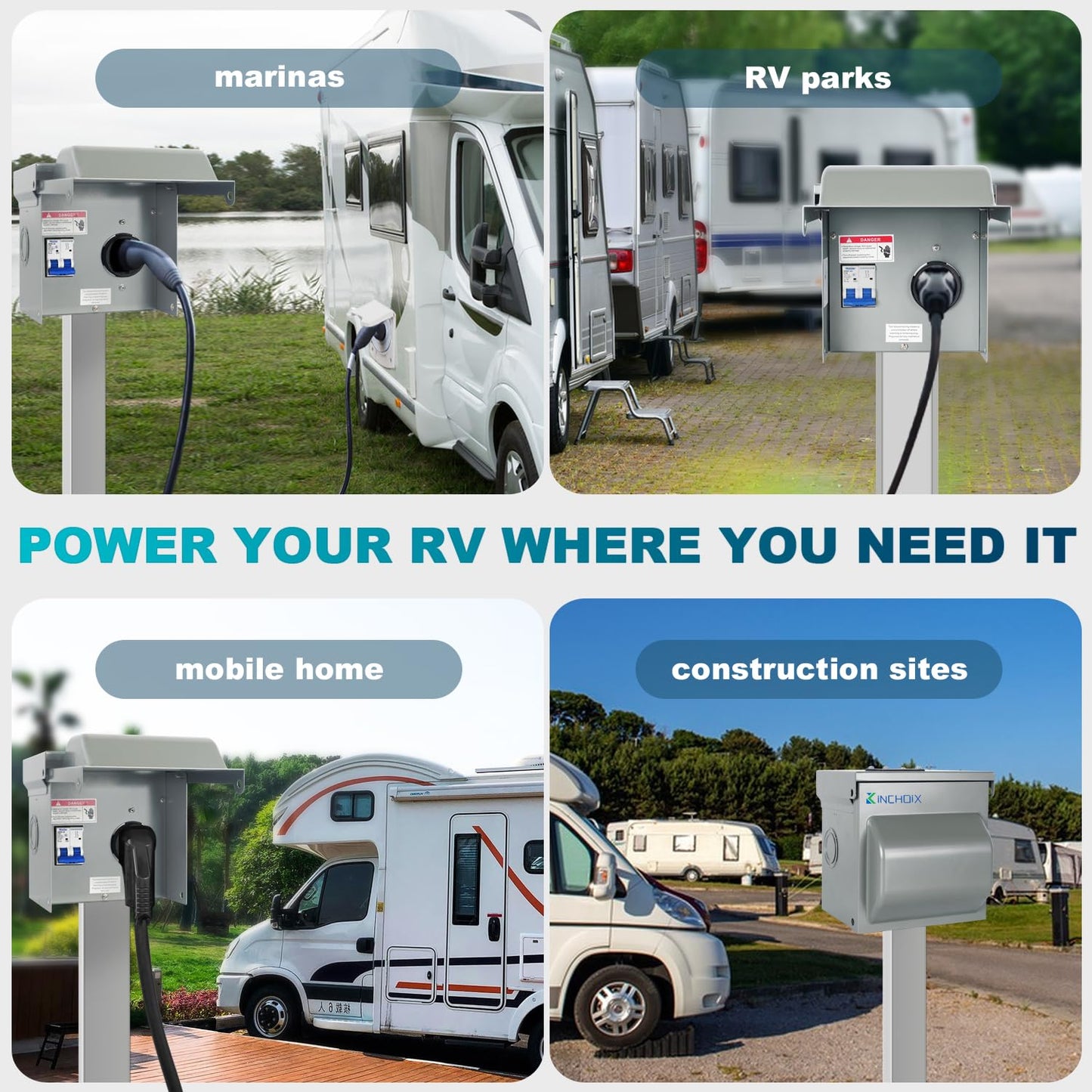 Kinchoix 50 Amp RV Power Outlet Box Temporary Power Outlet with Breaker Outdoor Breaker Box Pre-Wired Electrical Panel for 125/250V RV/EV Camper Plug Trailer Motorhome Electric Car Generator