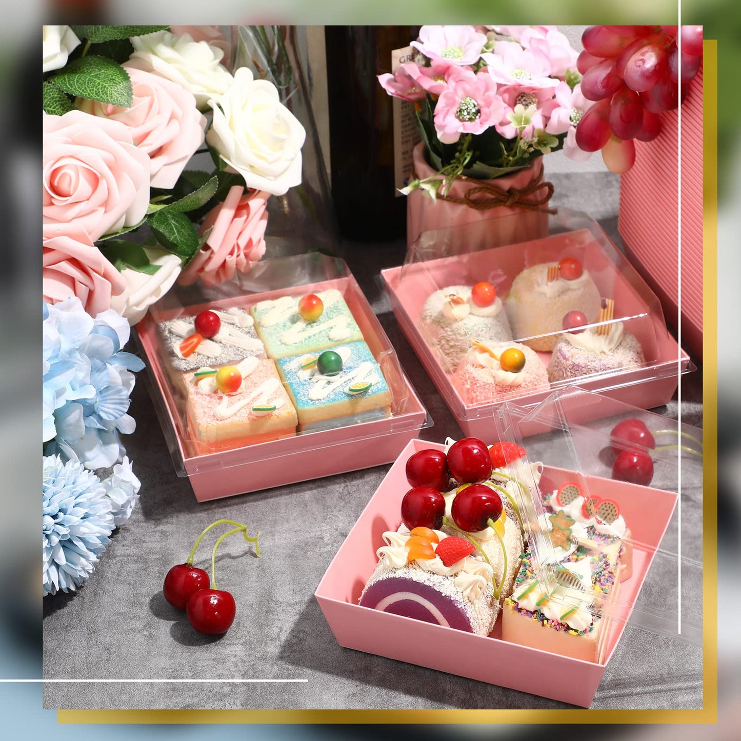 100 Pack Charcuterie Boxes with Clear Lids Valentine‘s Day 5 Inch Cookie Boxes Disposable Cake Case Paper Square Cookie Containers Dessert for Sandwich Slice Cake Hot Cocoa Bombs Strawberries(Pink)