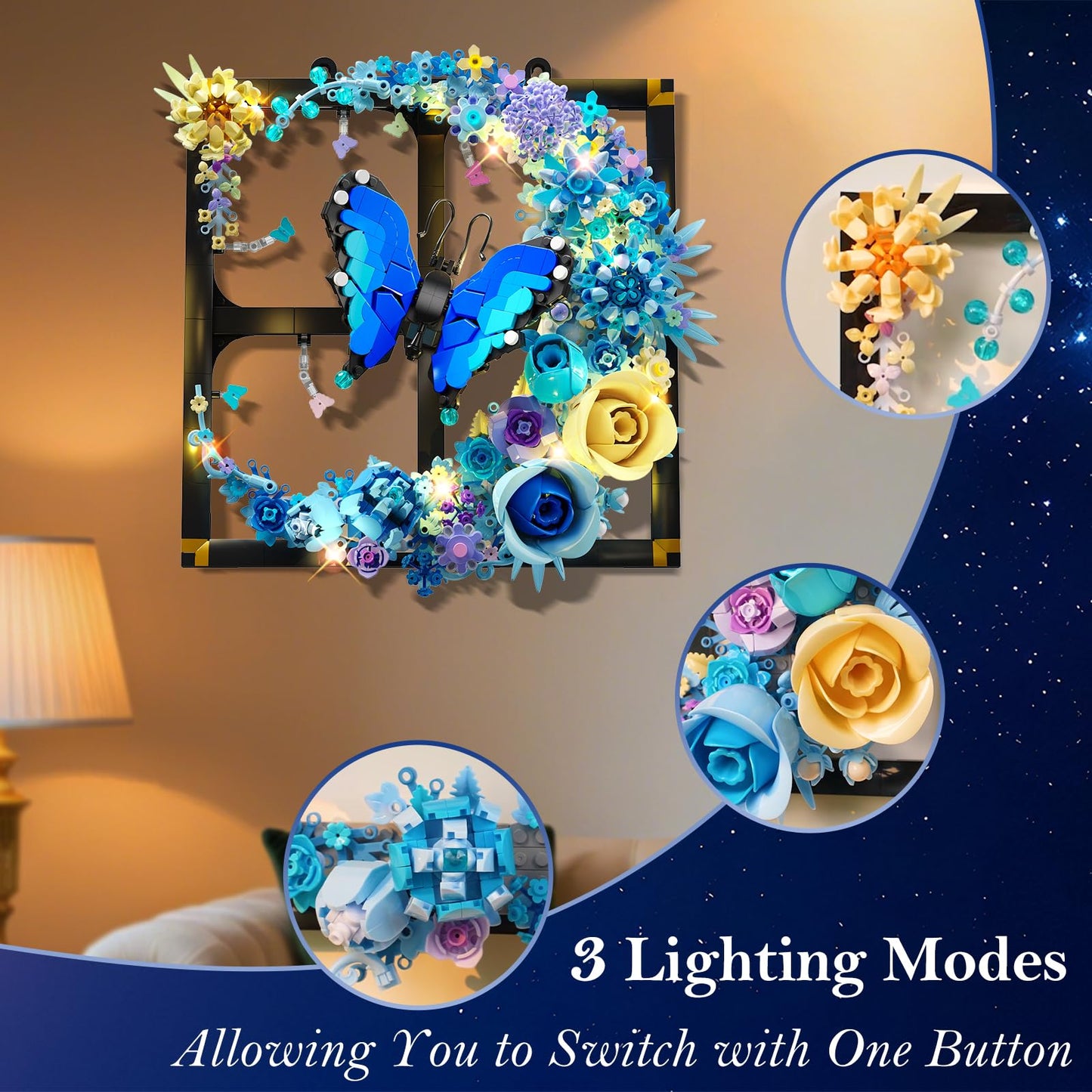 PLAXSOON Moon Flower Building Set with Lights, 1202 PCS Wall Botanical Flowers Building Block Kit with Butterfly, Floral Plant Office Home Decor for Her Adults Women Boys Girls 12+