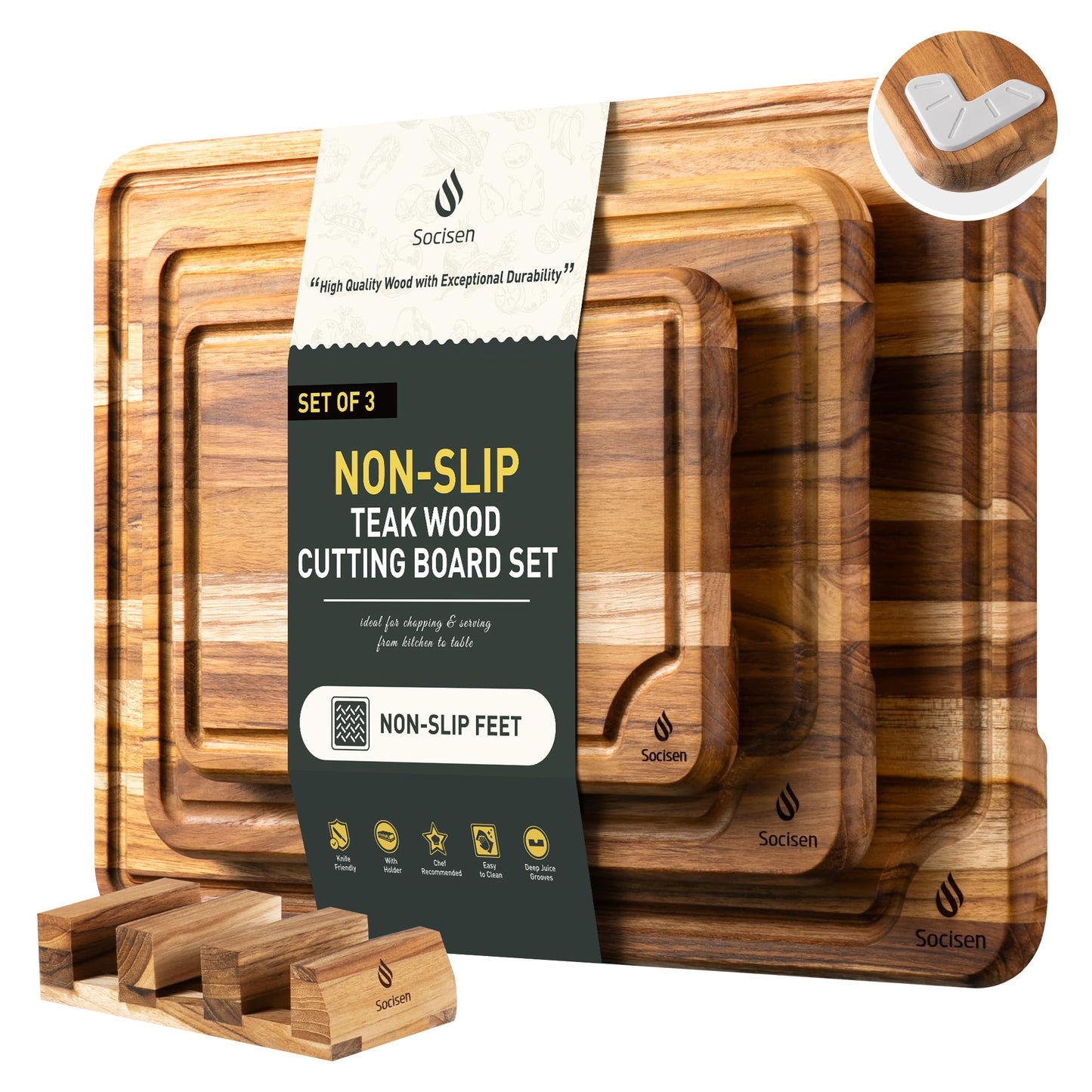 3 Pack Teak Wood Cutting Board Set for Kitchen Charcuterie Board Serving Heavy Duty Non Toxic Slip Over Sink Solid Thick Haus Wooden Chopping Board Large Big Small Meat Best Kitchen Mother Gift