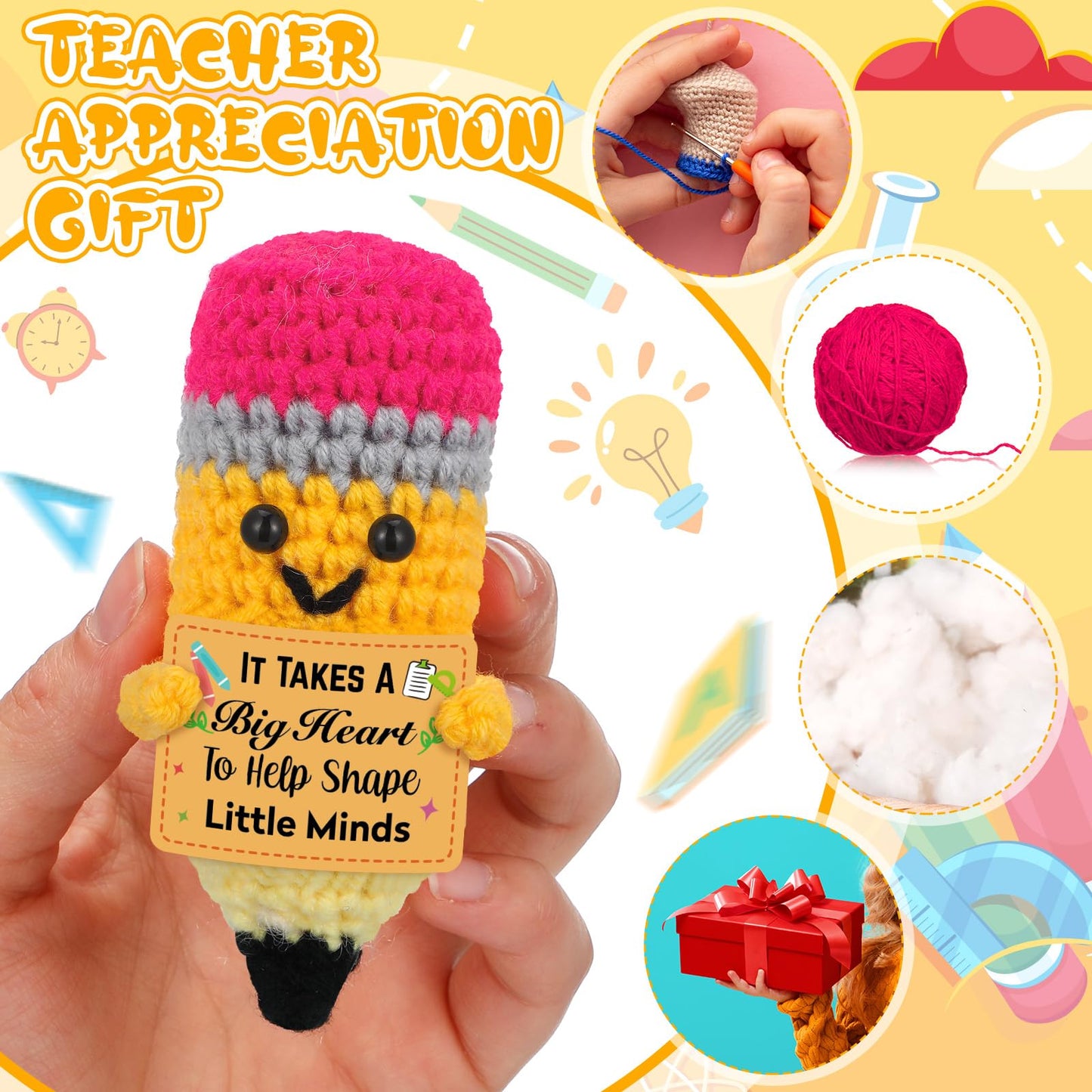 Juinte 6 Sets Teacher Appreciation Gifts Crochet Pencil Dolls with Thank You Teacher Card and Bracelet Presents for Teacher's Day Positive Graduation End of Year from Students