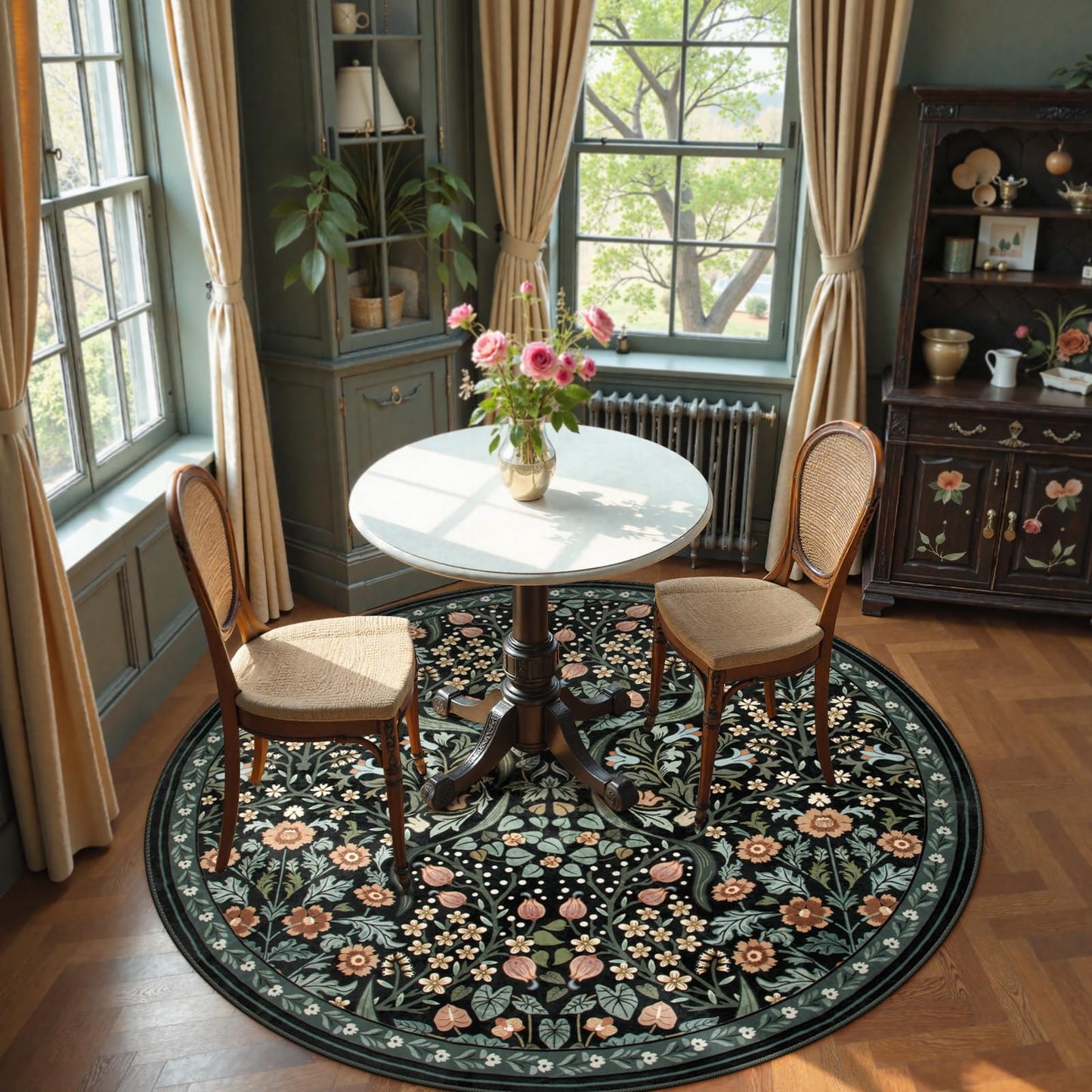 Moynesa Floral Round Area Rugs 6ft, Washable Boho Round Living Room Rug, Non Slip Soft Large Circle Rugs for Dining Room, Botanical Ultra Thin Floor Carpet for Bedroom Kitchen, Black