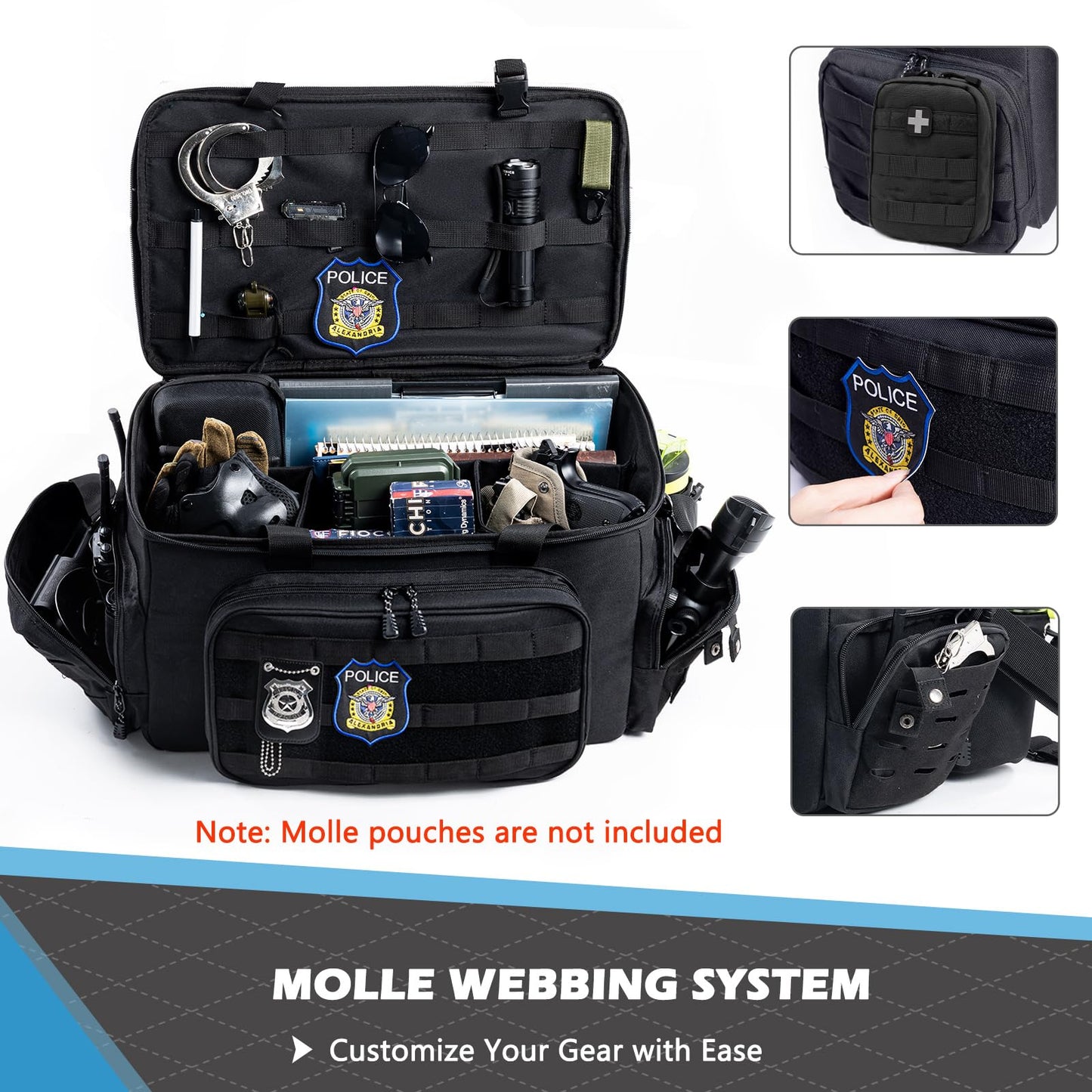 SPORJET Patrol Bag Law Enforcement - Police Duty Bag - Water Resistant Car Front Seat Organizer with 15.6" Laptop Storage and Molle System for Police Gear, EMTs, Cameras, Pet Detective Gear