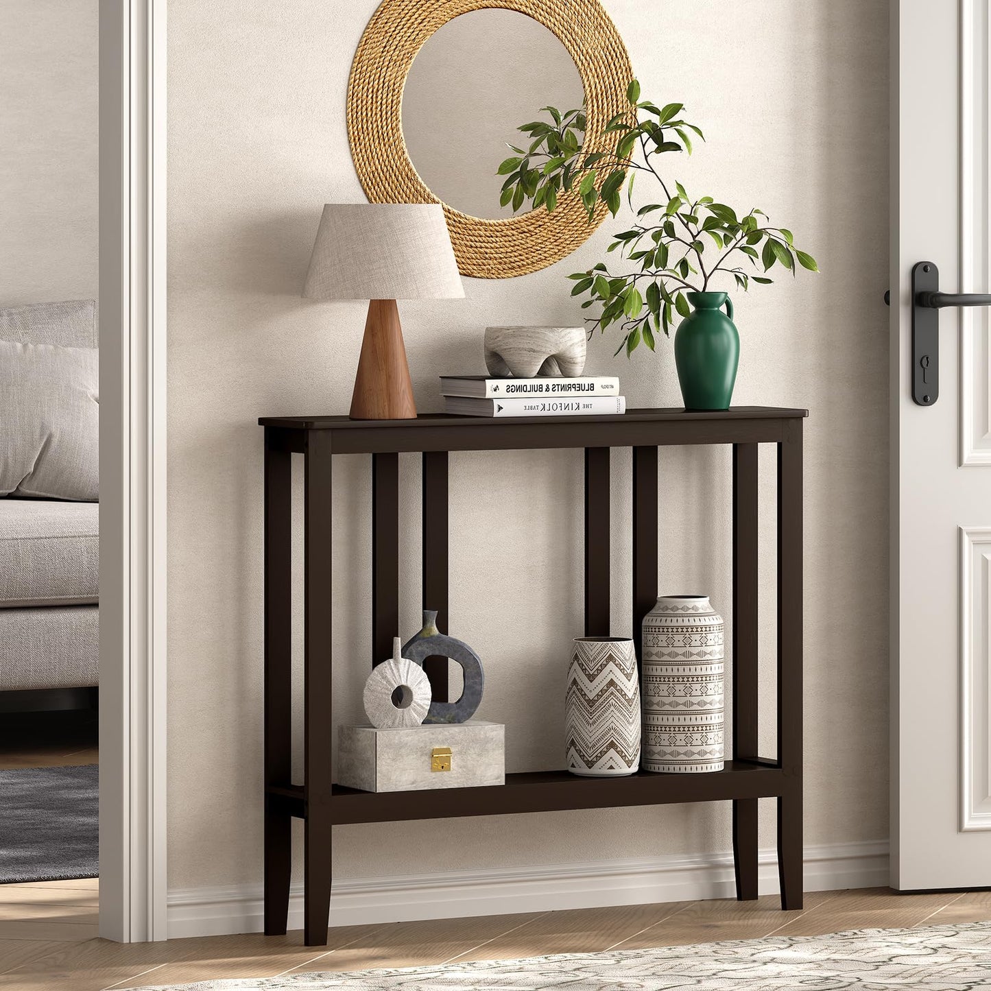 ELYKEN Bamboo 2-Tier Narrow Console Table, 36.2" Long Slim Sofa Table Behind Couch for Entryway, Hallway, Living Room, Brown