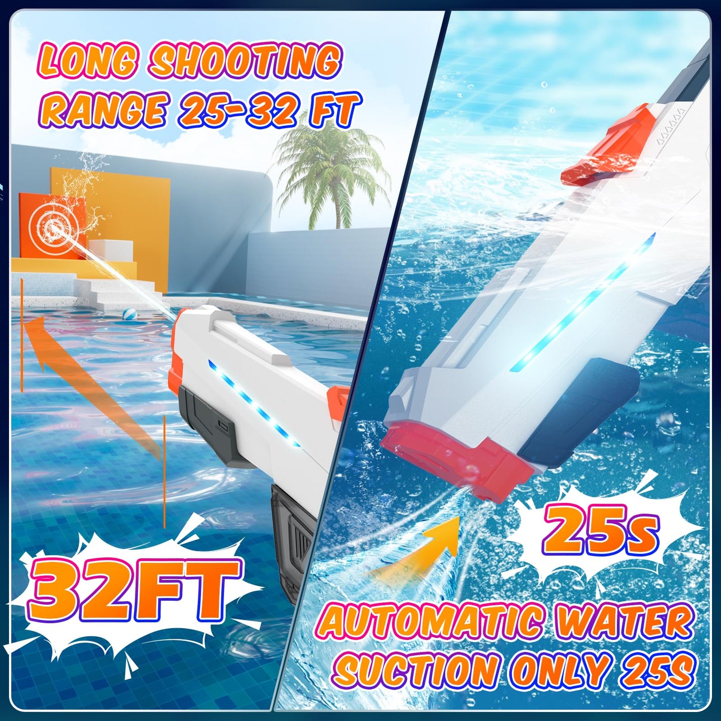 Skirfy Electric Water Gun for Adult Kids, Outdoor Automatic Water Suction Water Squirt Modular Battery, Larger Water Guns Summer Beach Swimming Pool Backyard Lawn Party Games（Grey）