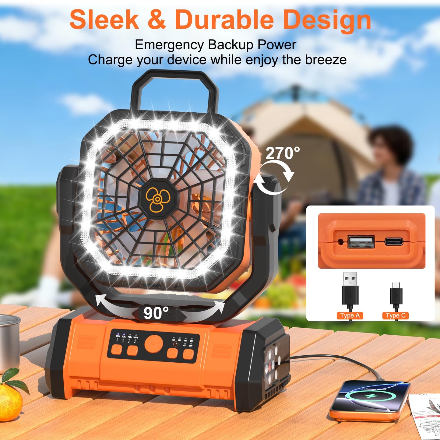 Honesorn Portable Rechargeable Fan 20000mAh, Camping Fan with LED Light & Remote, USB C Cordless Battery Powered, 4 Speeds Timer Hanging Hook for Travel Tent Outdoor Essentials - Orange