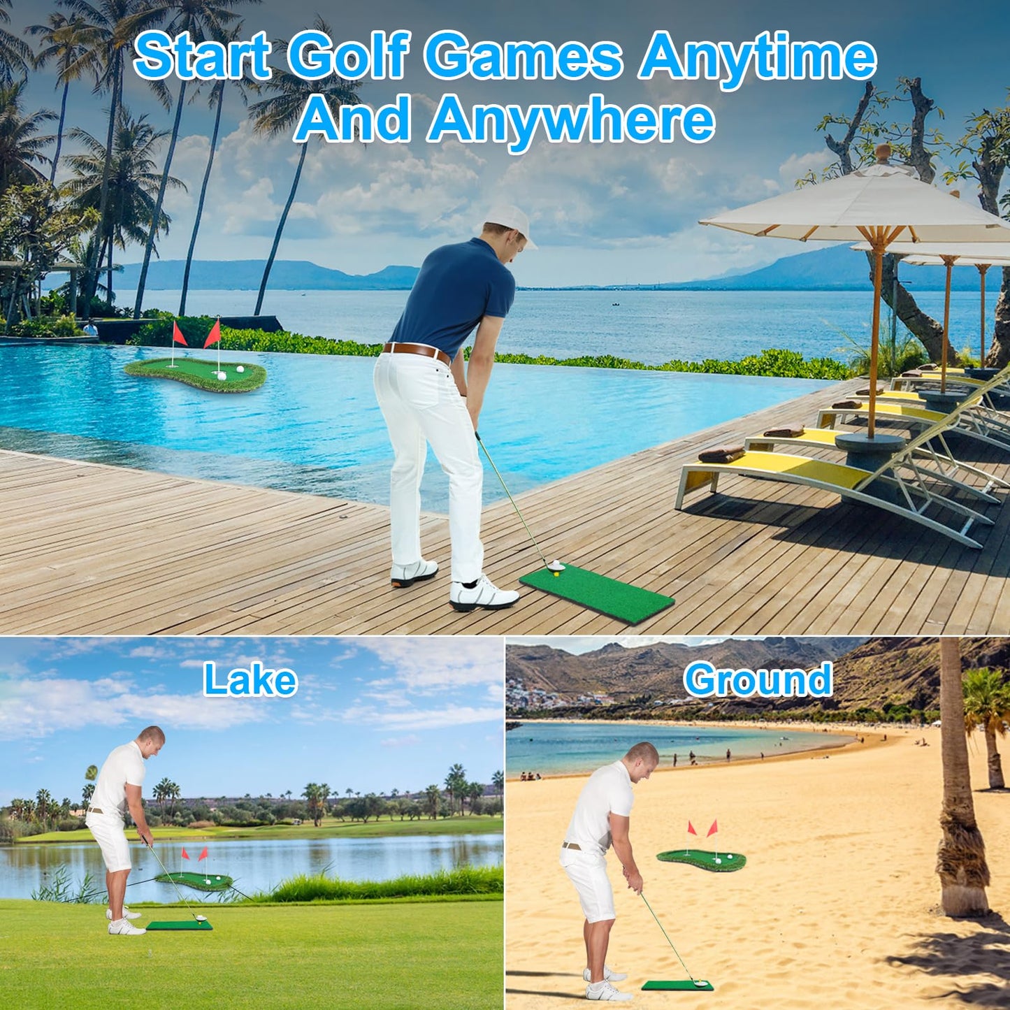 Chriiena Floating Golf Green for Pool/Lake, Floating Chipping Mat with Ball Retriever & Anti-Drift Ropes - Stable Golf Putting Practice Game Set for Golfers (35.4x23.6 in)