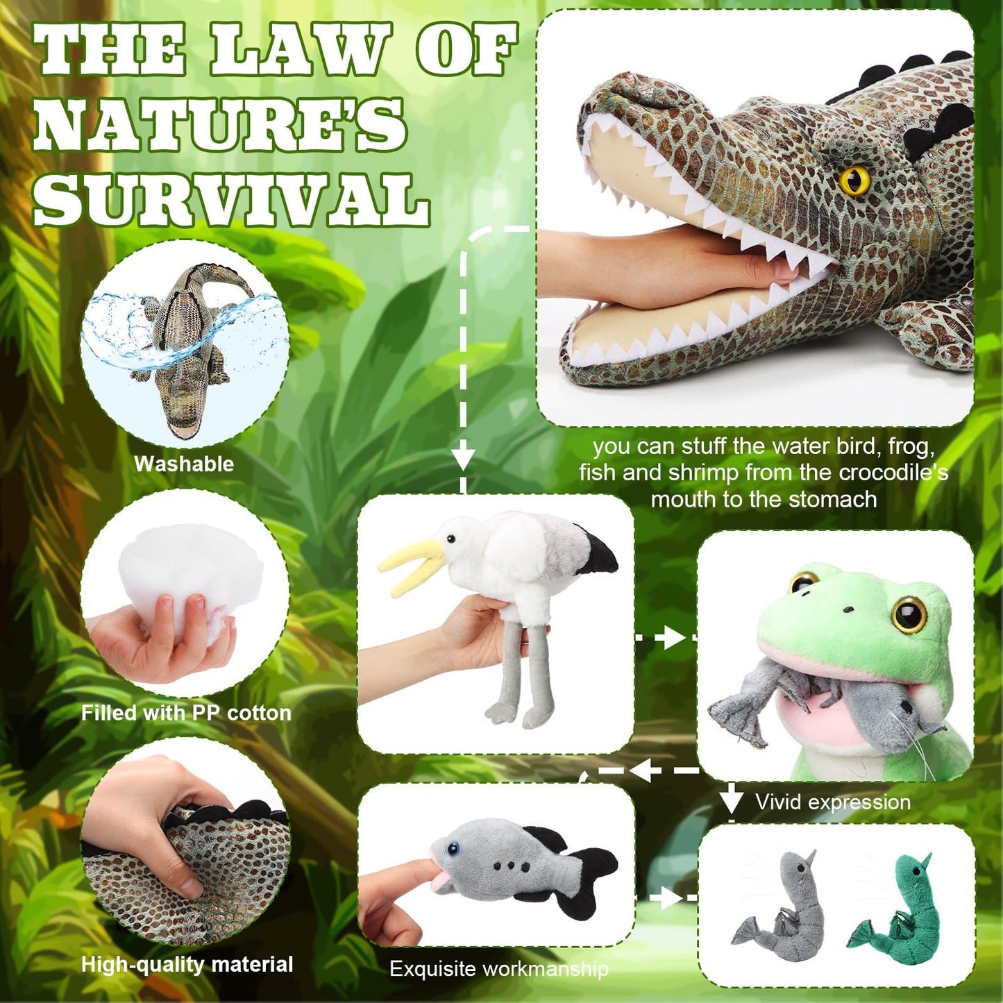Leyndo 6 in 1 Alligator Plush Toy Set Large Crocodile Stuffed Animals Hold Plush Frog Water Bird Fish Shrimp, Interactive Educational Food Chain Toys for Kids Students Gift Birthday(Cool Style)