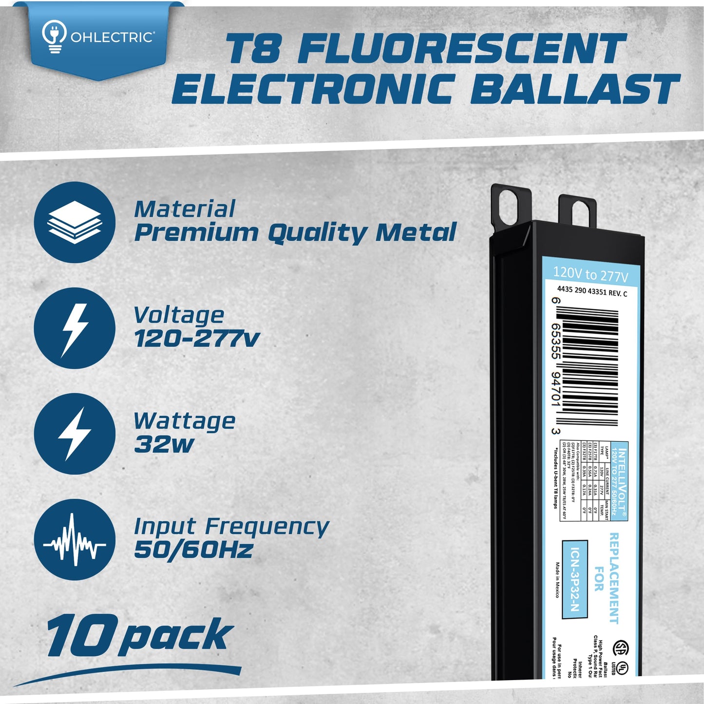 10 Pack - Replacement for ICN-2P32-SC 1 & 2 Lamp T8 Fluorescent Electronic Ballast - 120-277 Volt - Instant Start - UL Approved