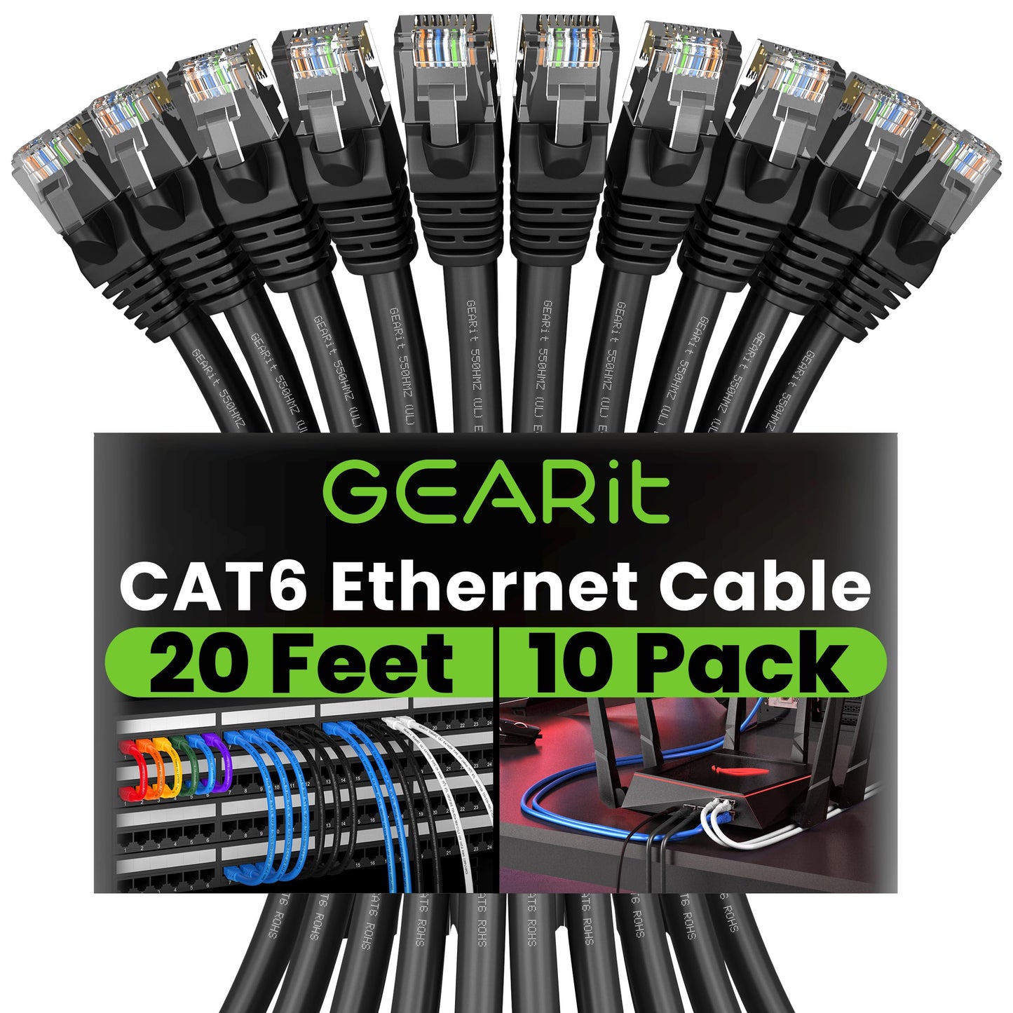 GearIT Cat 6 Ethernet Cable (10-Pack 20 Feet) Cat6 Network Patch, 10Gbps, RJ45, Snagless Cord, Gold-Plated Connectors, Internet for PC, TV, Tablet, Router, Printer, Servers, IT Data Center - Black