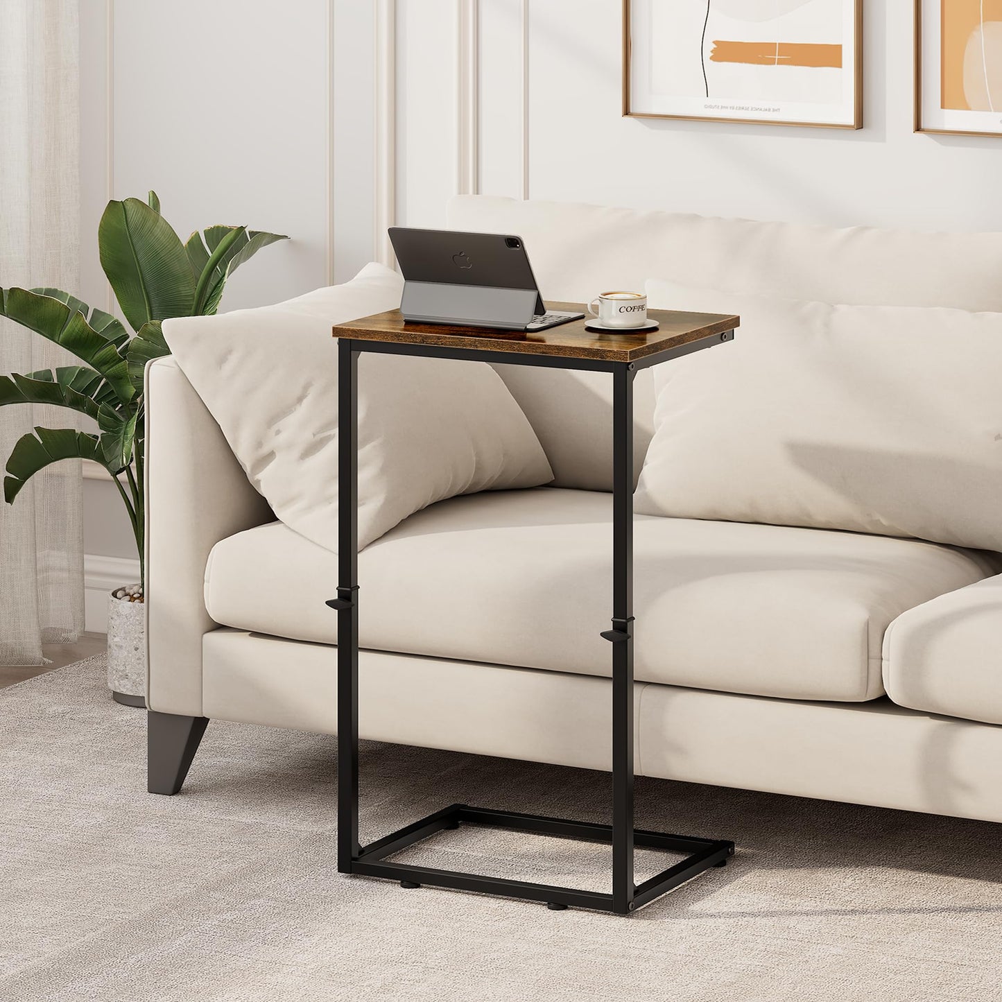 Vagusicc C Shaped End Table for Couch, 33.2'' Tall C Table Adjustable Height Side Table, Small Side Table for Small Spaces, Couch Tables that Slide Under, Tv Tray Table for Living Room, Rustic Brown