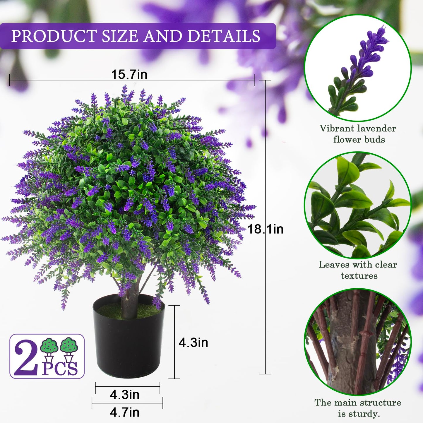 2 Pcs Artificial Lavender Topiary Ball Trees Potted Plants, UV Resistant Fake Lavender Topiary Plant Purple Trees for Garden, Front Door Porch and Outdoor Decor (Purple, M)