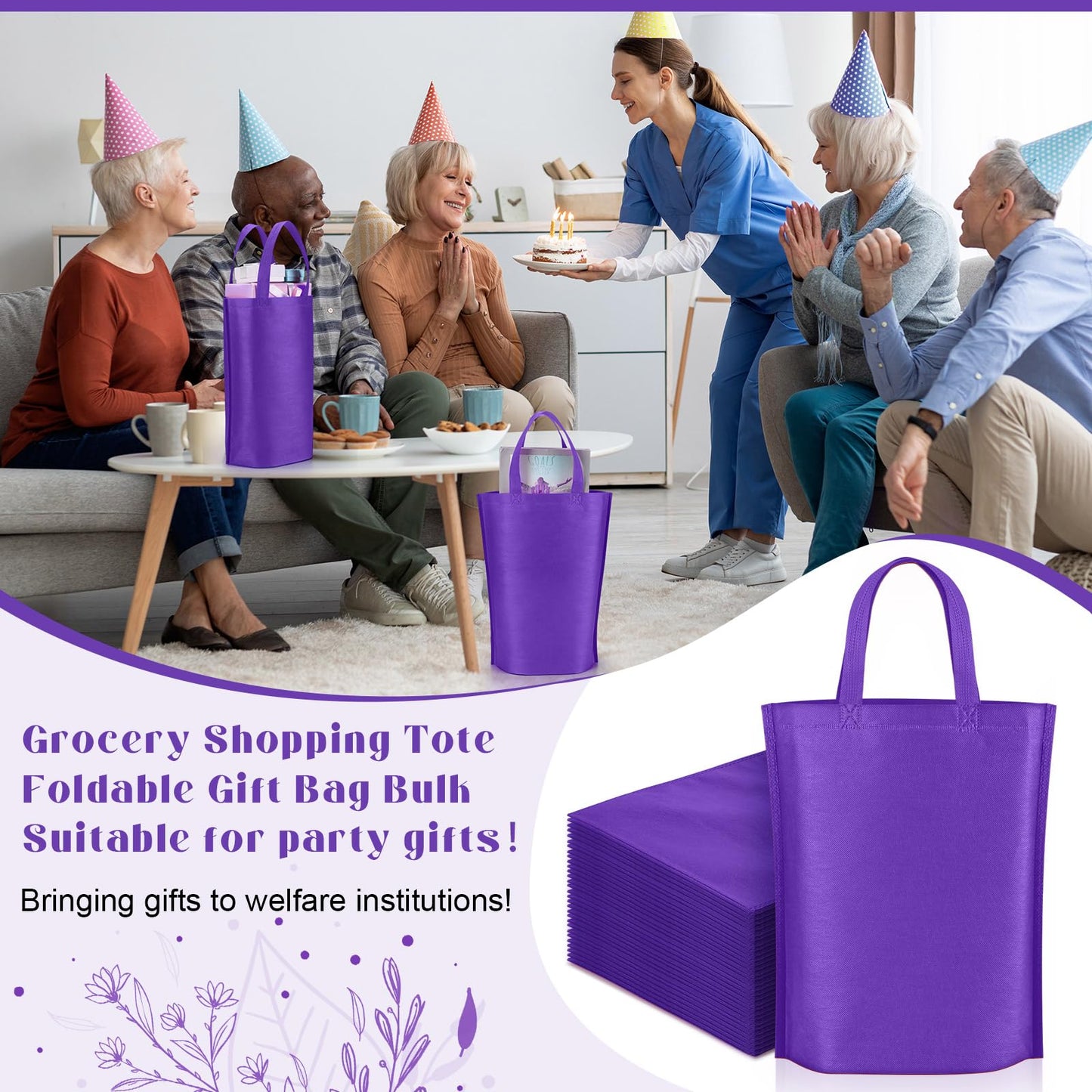 Windyun Reusable Grocery Bags Large Non Woven Shopping Bags with Handle Foldable Portable Tote Carryall Bulk 11.8x6x13.8 Inch(200 Pcs,Purple)