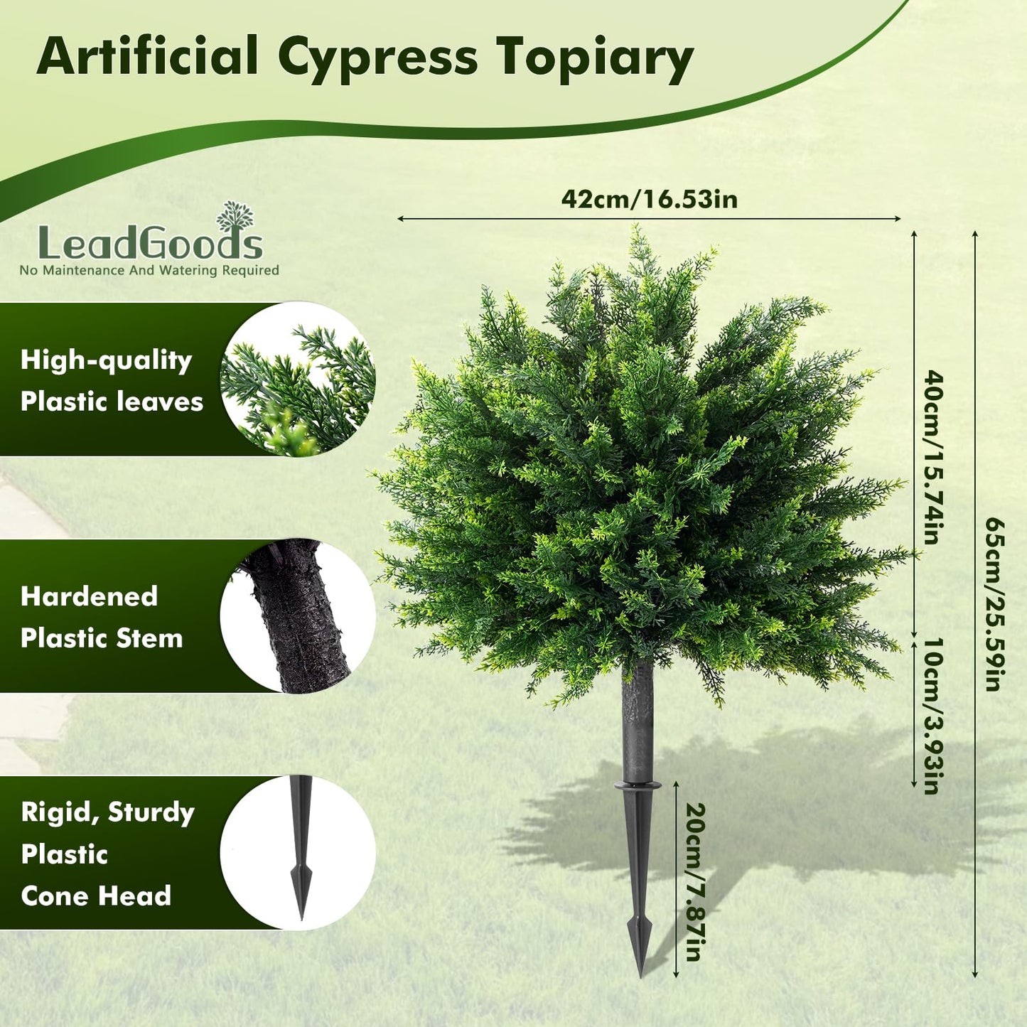 26" Artificial Cypress Topiary, 2pcs Artificial Cedar Topiary Ball Trees with Ground Spike, Outdoor Faux Shrubs with UV Resistant, Lasting Evergreen Bushes Push in Ground Plants for Front Porch