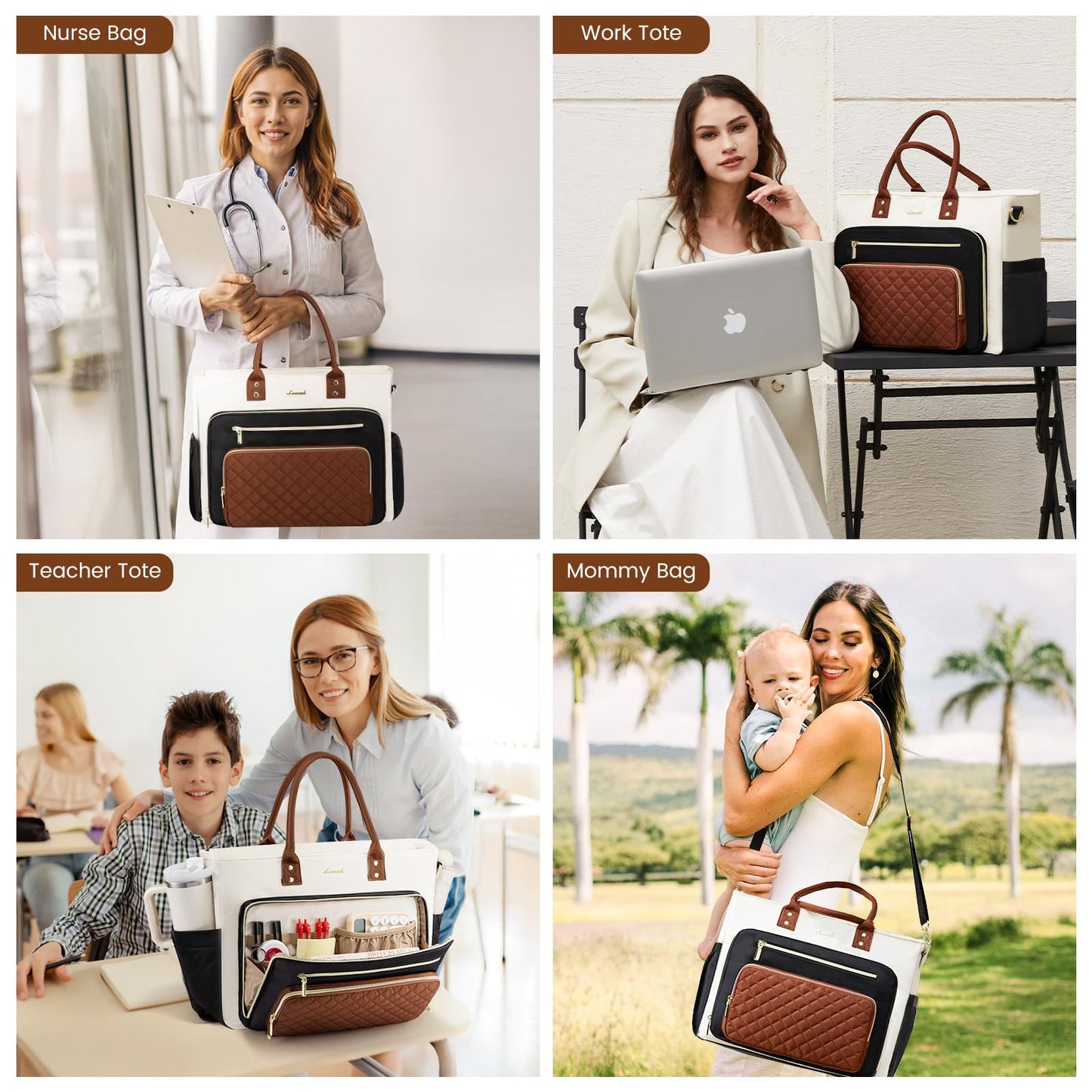 LOVEVOOK 17 Inch Laptop Tote Bag for Women, Teacher Nurse Work Bags, Laptop Bag With Large Cup Holder, Professional Briefcase Business Computer Purses Handbag, Black-Beige-Brown