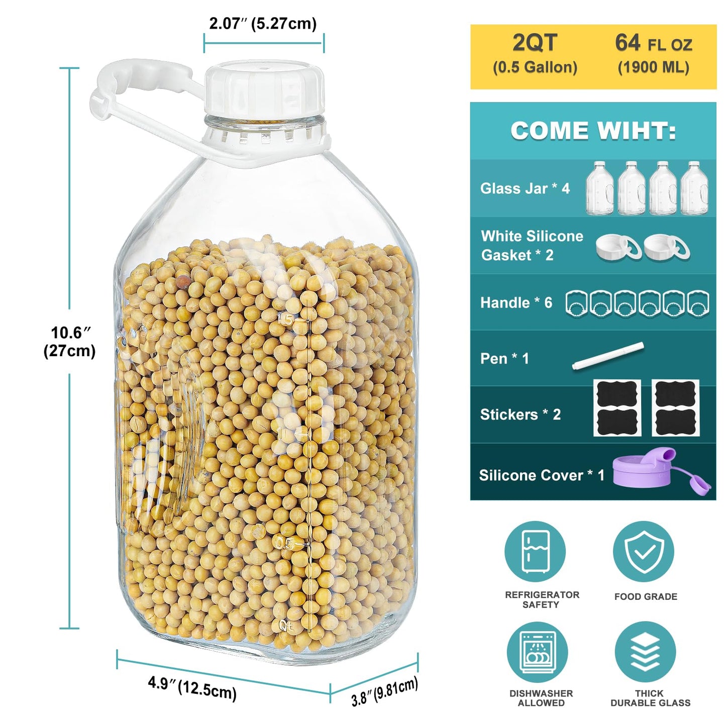 4 Pack 64 Oz Heavy Duty Glass Milk Bottle with 1 Silicone Spout and 5 Reusable Airtight SCREW LID, 2 Qt Glass Water Bottle with 2 Exact Scale Lines - Milk/Juice Jug Pitcher