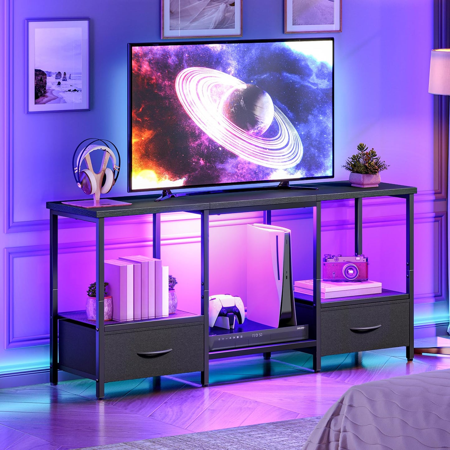 HOOBRO LED TV Stand with Storage, LED Entertainment Center with Open Shelves and Drawer, Fits TVs up to 55", Television Stand for Living Room, Bedroom, Black BB123DDS01G1