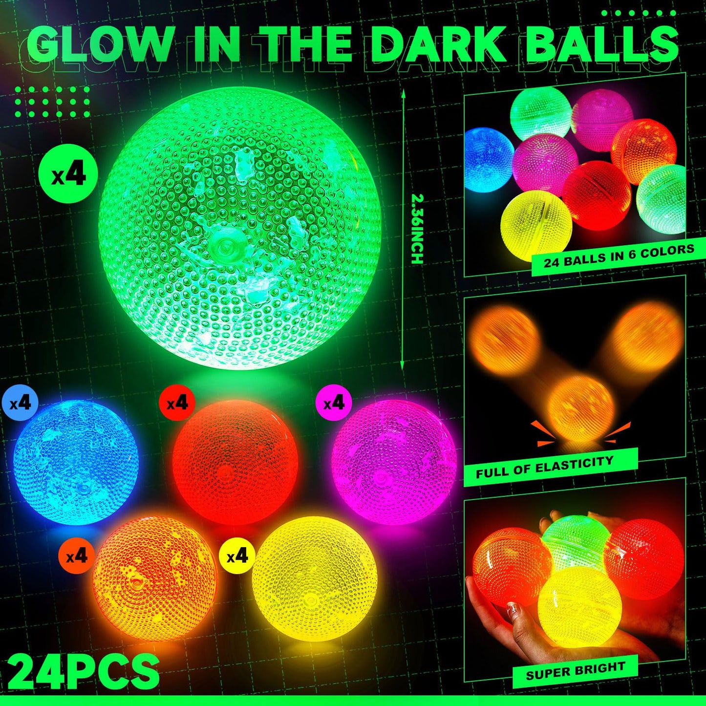 Lewtemi 24 Pcs Glow in The Dark Balls Glowing Stick Balls Bulk Lighted Bouncy Rubber Long Lasting Bright Night Party Supplies for Holiday Carnival Goodie Bag Fillers