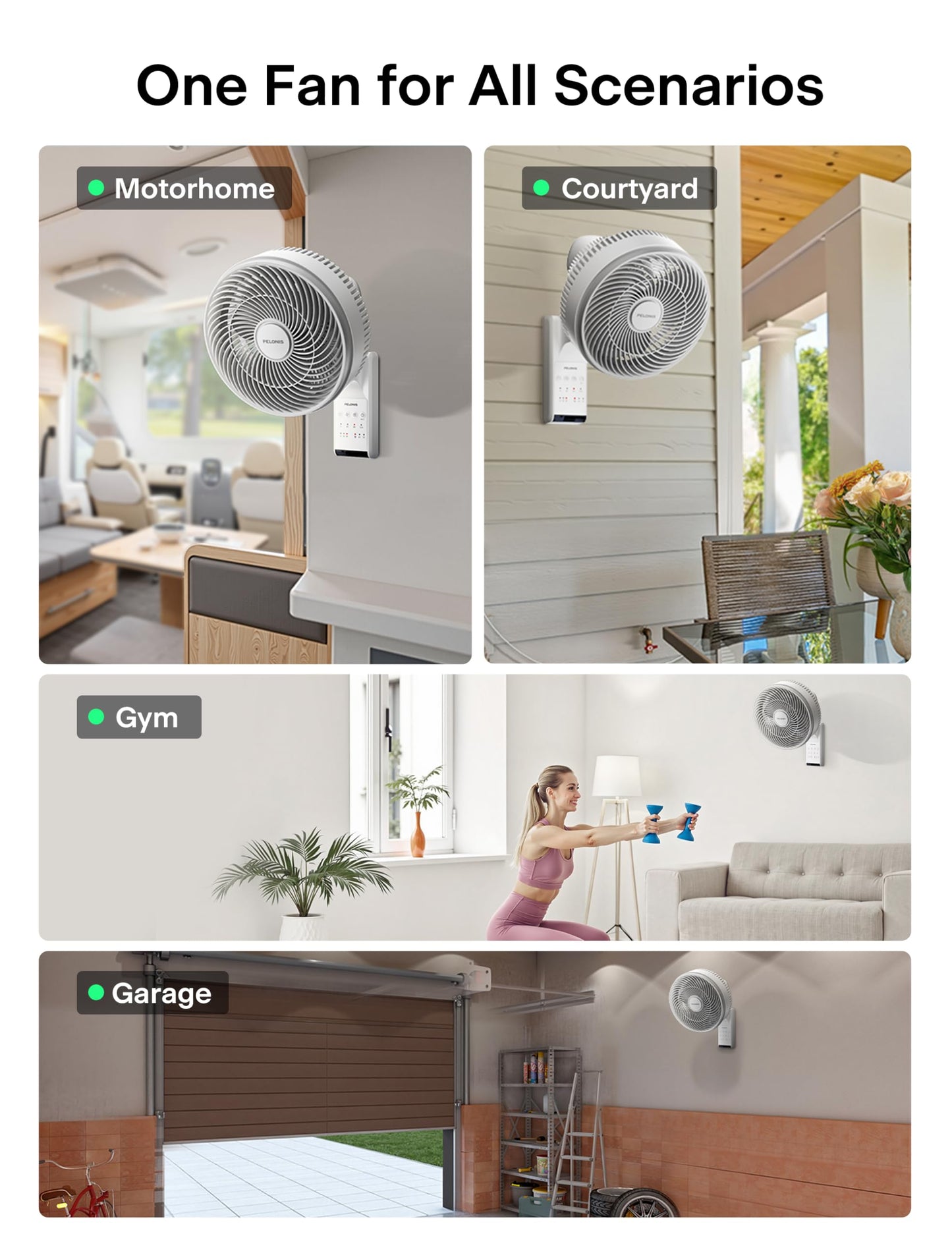 PELONIS 14 inch Wall Mount Fan with Remote Control, Osicllating Fan with 26ft Powerful Airflow, 3 Speed & 3 Modes, Auto 90° Horizontal & 68° Vertical Tilt, Indoor, 36dB, Ideal for Home, Garage, Gym
