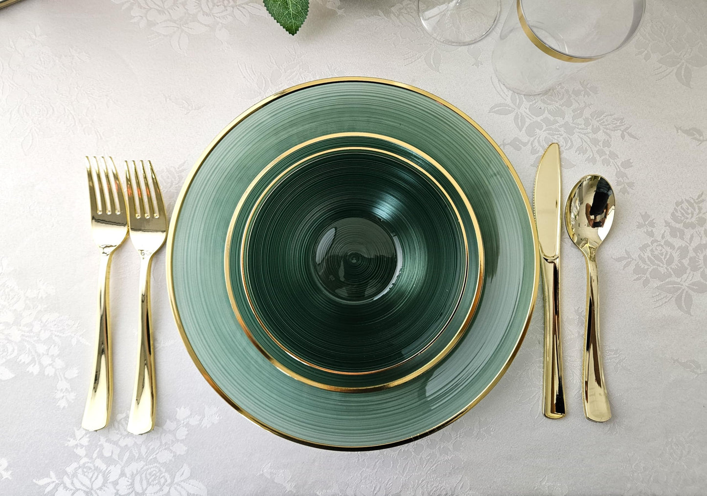 " OCCASIONS " 50 Plates Pack (25 Guests)-Wedding Party Disposable Plastic Plate Set -25 x 10'' Dinner + 25 x 7'' Salad & Dessert plates (Belize in Green & Gold)