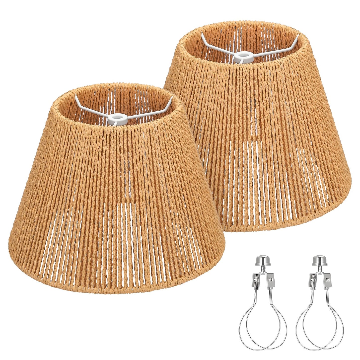 Small Rattan Lamp Shades Set of 2, Boho Lamp Shades for Table Lamps, 5.5" Top x 10" Bottom x 6.6" High, Wicker Lampshade Replacement for Bedroom, Hand Woven, Spider, Bulb Clip Adapters Included