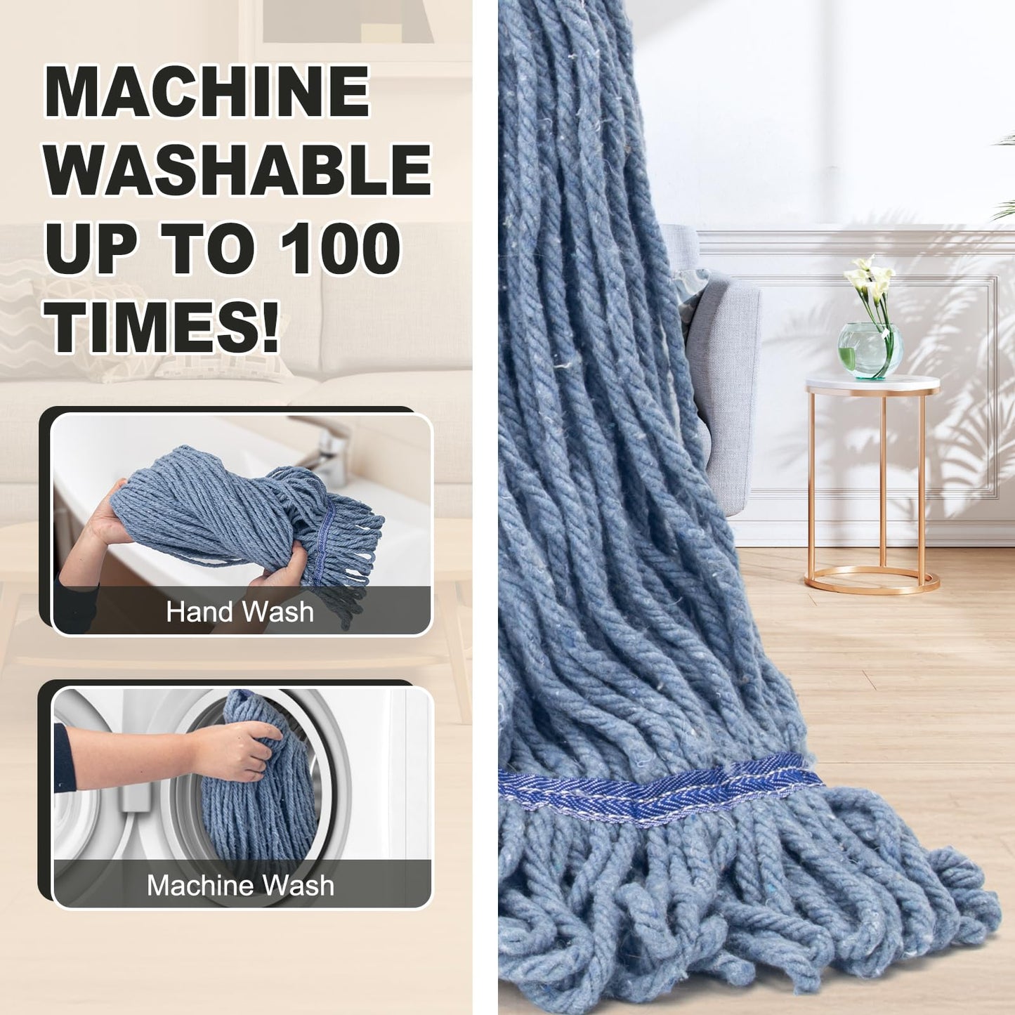 Commercial Industrial Mop with 3 Extra Large Reusable Replacement Head,59" Long Handle Heavy Duty Wet Mops,Looped-End String Cotton Mop for Floor Cleaning,House,Kitchen,Office,Garage,Tile(Yellow)