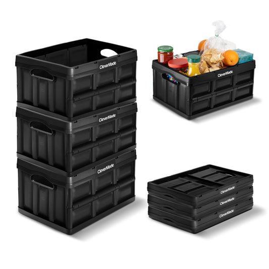 CleverMade Collapsible Storage Bins 32L 3 Pack – Heavy Duty Foldable Storage Bins with Built-In Handles for Garage Storage and Home Organization - Obsidian