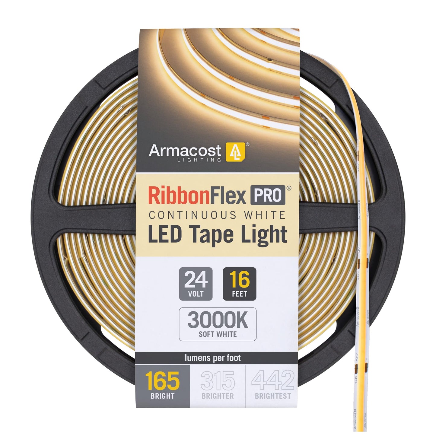 Armacost Lighting RibbonFlex Pro 24V White COB LED Strip Light Tape 3000K, 165 Lumens/Ft, 5M 171230