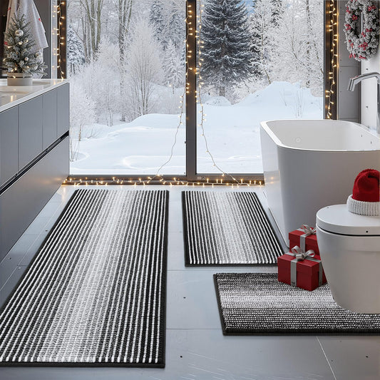 BSICPRO Bathroom Rugs Sets 3 Piece, Large Toilet Rugs U-Shaped Chenille Shower Mat, Non-Slip Absorbent Bath Floor Mats, Black