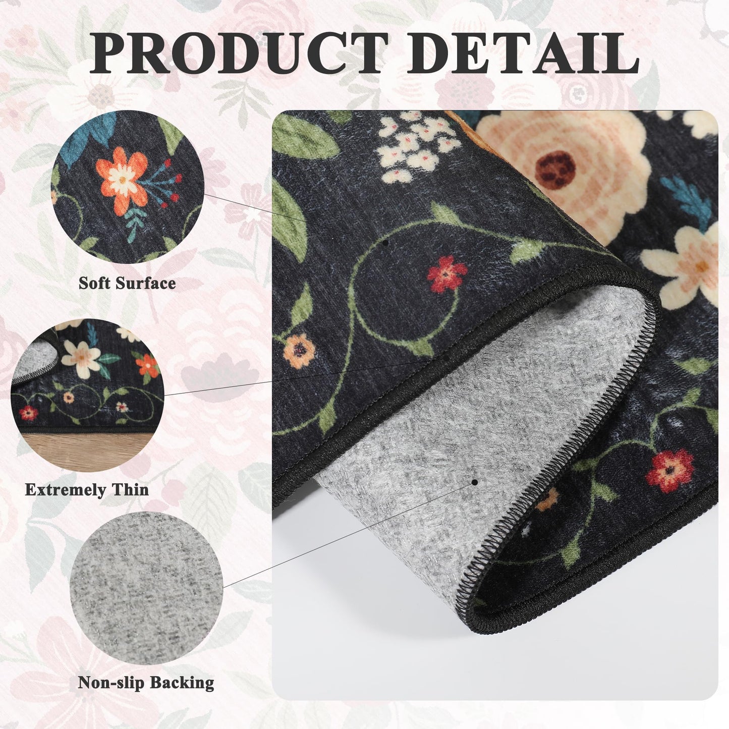 DUKINO 3x4 Area Rug, Lightweight Non Slip Washable Floral Rug, Indoor Low Pile & Non-Shedding Boho Design Carpets for Bedroom, Kitchen, Dining Room, Black