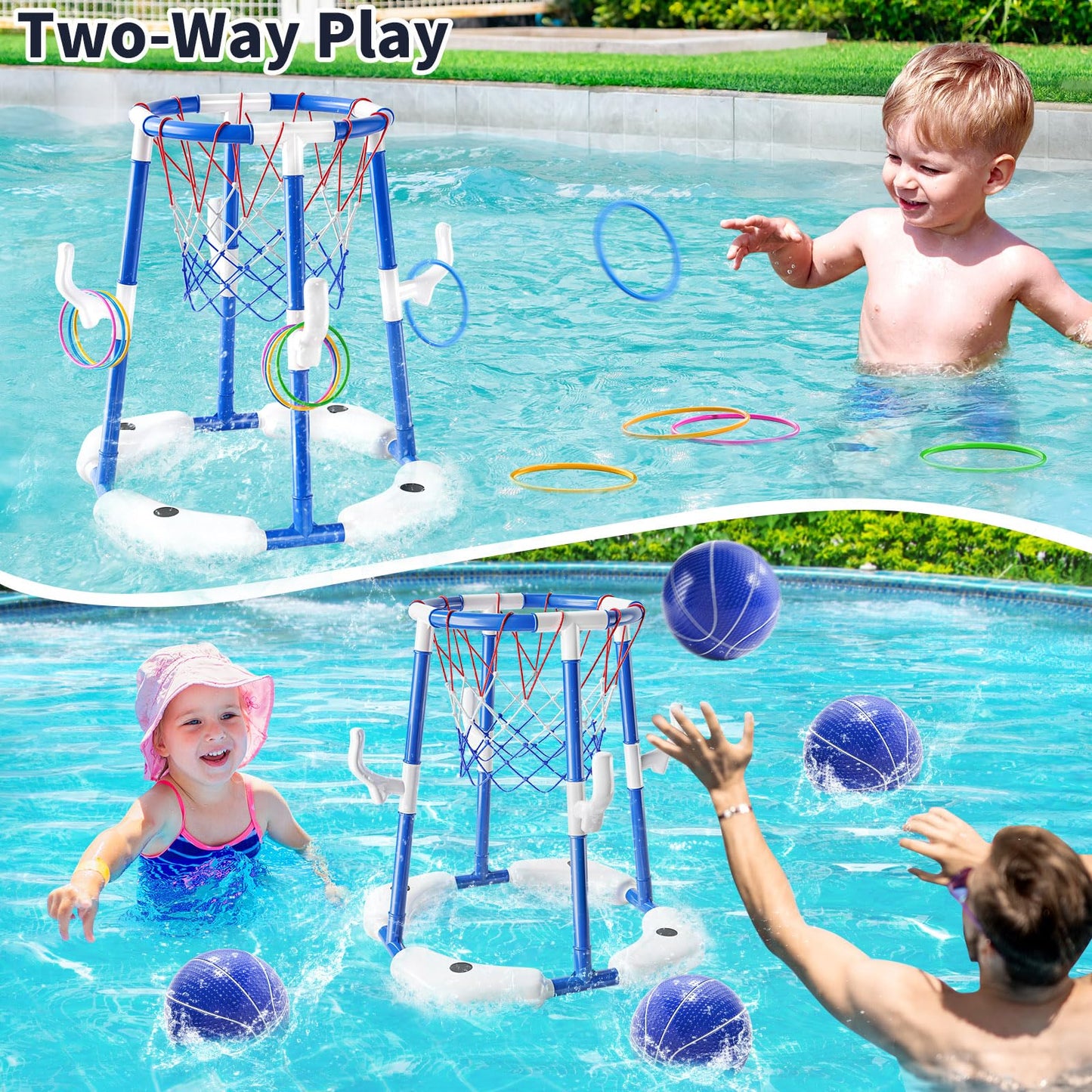 NIPLOOOW Pool Basketball Hoop, 2-in-1 Floating Pool Toys Ring Game with 4 Balls and Pump, Outdoor Swimming Pool Basketball Games Water Play Toy Family Party for Kids Adults Age 3-12 (Blue)