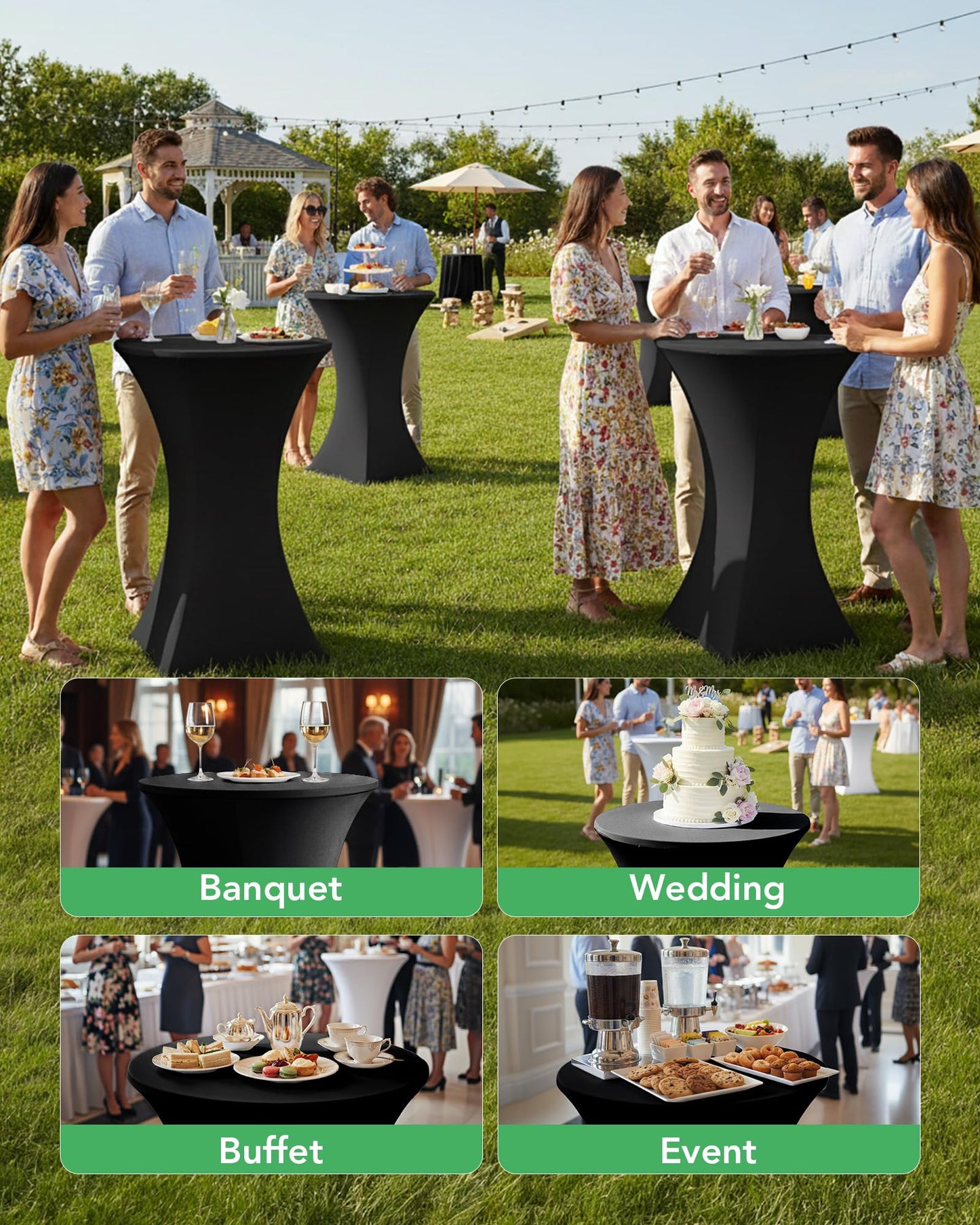 KeyWave Cocktail High Top Table Covers - 32x43 Inch Fitted Spandex Round Cocktail Tablecloth for Bar Height Standing Table Cloths Reusable, for Party Wedding Banquet Event Decorations, Black, 8 Pack